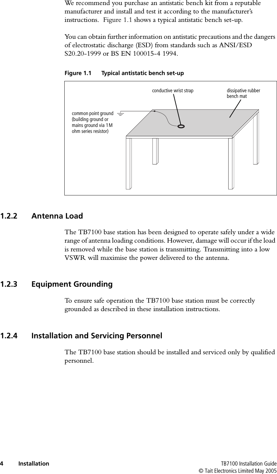  4 Installation TB7100 Installation Guide© Tait Electronics Limited May 2005We recommend you purchase an antistatic bench kit from a reputable manufacturer and install and test it according to the manufacturer’s instructions.  Figure 1.1 shows a typical antistatic bench set-up.You can obtain further information on antistatic precautions and the dangers of electrostatic discharge (ESD) from standards such as ANSI/ESD S20.20-1999 or BS EN 100015-4 1994. 1.2.2 Antenna LoadThe TB7100 base station has been designed to operate safely under a wide range of antenna loading conditions. However, damage will occur if the load is removed while the base station is transmitting. Transmitting into a low VSWR will maximise the power delivered to the antenna.1.2.3 Equipment GroundingTo ensure safe operation the TB7100 base station must be correctly grounded as described in these installation instructions.1.2.4 Installation and Servicing PersonnelThe TB7100 base station should be installed and serviced only by qualified personnel.Figure 1.1 Typical antistatic bench set-upcommon point ground (building ground or mains ground via 1M ohm series resistor)conductive wrist strap dissipative rubber bench mat