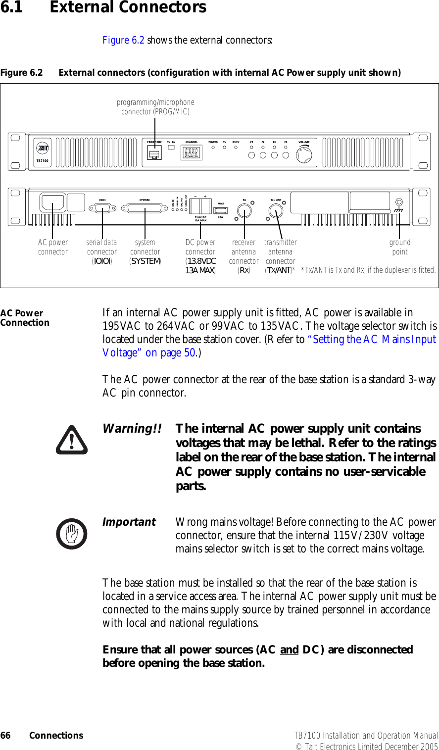  66 Connections TB7100 Installation and Operation Manual© Tait Electronics Limited December 20056.1 External ConnectorsFigure 6.2 shows the external connectors:AC Power Connection If an internal AC power supply unit is fitted, AC power is available in 195VAC to 264VAC or 99VAC to 135VAC. The voltage selector switch is located under the base station cover. (Refer to “Setting the AC Mains Input Voltage” on page 50.)The AC power connector at the rear of the base station is a standard 3-way AC pin connector.Warning!! The internal AC power supply unit contains voltages that may be lethal. Refer to the ratings label on the rear of the base station. The internal AC power supply contains no user-servicable parts.Important Wrong mains voltage! Before connecting to the AC power connector, ensure that the internal 115V/230V voltage mains selector switch is set to the correct mains voltage.The base station must be installed so that the rear of the base station is located in a service access area. The internal AC power supply unit must be connected to the mains supply source by trained personnel in accordance with local and national regulations.Ensure that all power sources (AC and DC) are disconnected before opening the base station.Figure 6.2 External connectors (configuration with internal AC Power supply unit shown)programming/microphone connector (PROG/MIC)groundpointserial data connector(IOIOI)system connector(SYSTEM)DC power connector(13.8VDC 13A MAX)receiver antenna connector(RX)transmitter antennaconnector(TX/ANT)* *Tx/ANT is Tx and Rx, if the duplexer is fitted.AC power connector