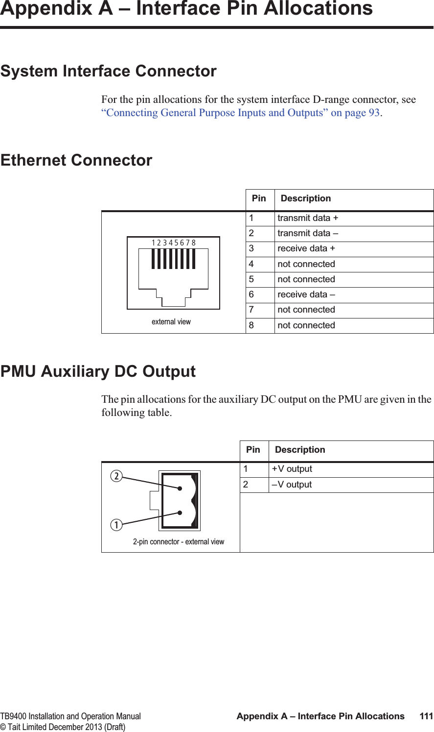  TB9400 Installation and Operation Manual Appendix A – Interface Pin Allocations 111© Tait Limited December 2013 (Draft)Appendix A – Interface Pin AllocationsSystem Interface ConnectorFor the pin allocations for the system interface D-range connector, see “Connecting General Purpose Inputs and Outputs” on page 93.Ethernet ConnectorPMU Auxiliary DC OutputThe pin allocations for the auxiliary DC output on the PMU are given in the following table.Pin Description1 transmit data +2 transmit data –3 receive data +4 not connected5 not connected6 receive data –7 not connected8 not connected12345678external viewPin Description1 +V output2 –V output2-pin connector - external viewbc