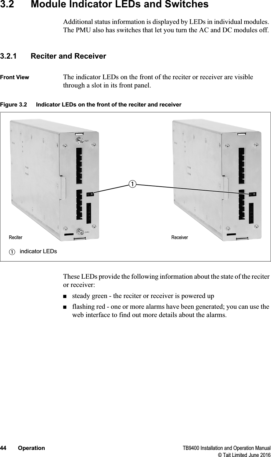 44 Operation TB9400 Installation and Operation Manual© Tait Limited June 20163.2 Module Indicator LEDs and SwitchesAdditional status information is displayed by LEDs in individual modules. The PMU also has switches that let you turn the AC and DC modules off. 3.2.1 Reciter and ReceiverFront View The indicator LEDs on the front of the reciter or receiver are visible through a slot in its front panel.These LEDs provide the following information about the state of the reciter or receiver:■steady green - the reciter or receiver is powered up■flashing red - one or more alarms have been generated; you can use the web interface to find out more details about the alarms.Figure 3.2 Indicator LEDs on the front of the reciter and receiverbindicator LEDsbReciter Receiver