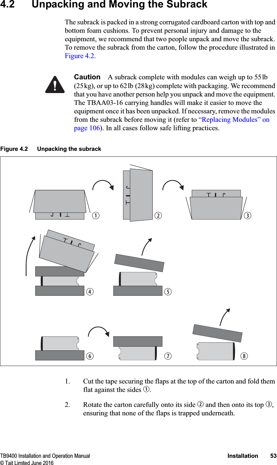 TB9400 Installation and Operation Manual Installation 53© Tait Limited June 20164.2 Unpacking and Moving the SubrackThe subrack is packed in a strong corrugated cardboard carton with top and bottom foam cushions. To prevent personal injury and damage to the equipment, we recommend that two people unpack and move the subrack. To remove the subrack from the carton, follow the procedure illustrated in Figure 4.2.Caution A subrack complete with modules can weigh up to 55lb (25kg), or up to 62lb (28kg) complete with packaging. We recommend that you have another person help you unpack and move the equipment. The TBAA03-16 carrying handles will make it easier to move the equipment once it has been unpacked. If necessary, remove the modules from the subrack before moving it (refer to “Replacing Modules” on page 106). In all cases follow safe lifting practices.1. Cut the tape securing the flaps at the top of the carton and fold them flat against the sides b.2. Rotate the carton carefully onto its side c and then onto its top d,ensuring that none of the flaps is trapped underneath.Figure 4.2 Unpacking the subrackbegfhicd