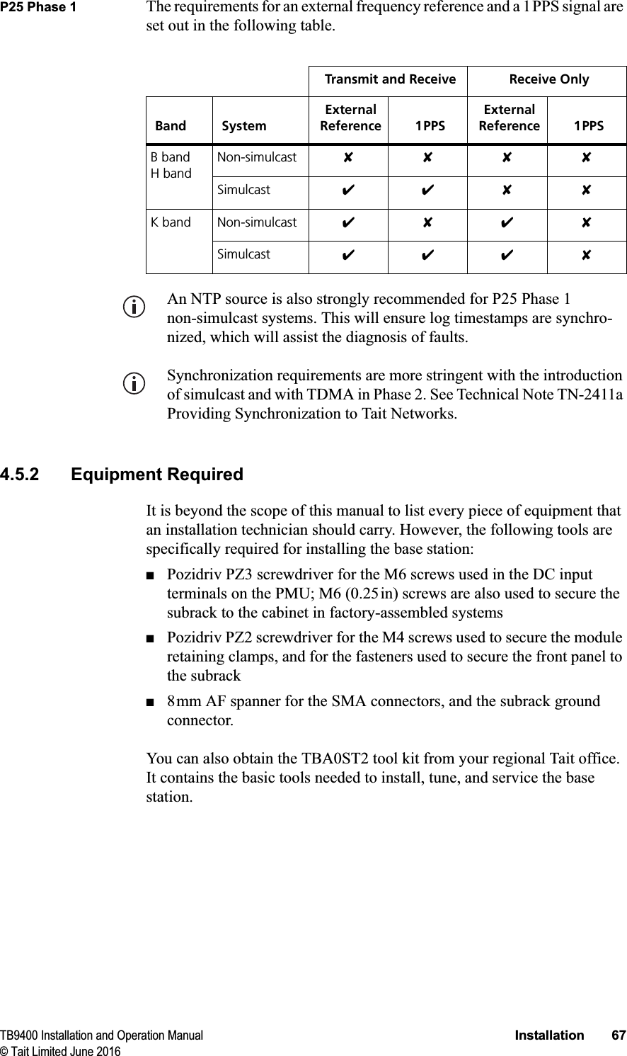 TB9400 Installation and Operation Manual Installation 67© Tait Limited June 2016P25 Phase 1 The requirements for an external frequency reference and a 1PPS signal are set out in the following table. An NTP source is also strongly recommended for P25 Phase 1 non-simulcast systems. This will ensure log timestamps are synchro-nized, which will assist the diagnosis of faults.Synchronization requirements are more stringent with the introduction of simulcast and with TDMA in Phase 2. See Technical Note TN-2411a Providing Synchronization to Tait Networks.4.5.2 Equipment RequiredIt is beyond the scope of this manual to list every piece of equipment that an installation technician should carry. However, the following tools are specifically required for installing the base station:■Pozidriv PZ3 screwdriver for the M6 screws used in the DC input terminals on the PMU; M6 (0.25in) screws are also used to secure the subrack to the cabinet in factory-assembled systems■Pozidriv PZ2 screwdriver for the M4 screws used to secure the module retaining clamps, and for the fasteners used to secure the front panel to the subrack■8mm AF spanner for the SMA connectors, and the subrack ground connector.You can also obtain the TBA0ST2 tool kit from your regional Tait office. It contains the basic tools needed to install, tune, and service the base station.Transmit and Receive Receive OnlyBand SystemExternal Reference 1PPSExternal Reference 1PPSB bandH bandNon-simulcast ✘✘✘✘Simulcast ✔✔✘ ✘K band Non-simulcast ✔✘✔✘Simulcast ✔✔✔✘