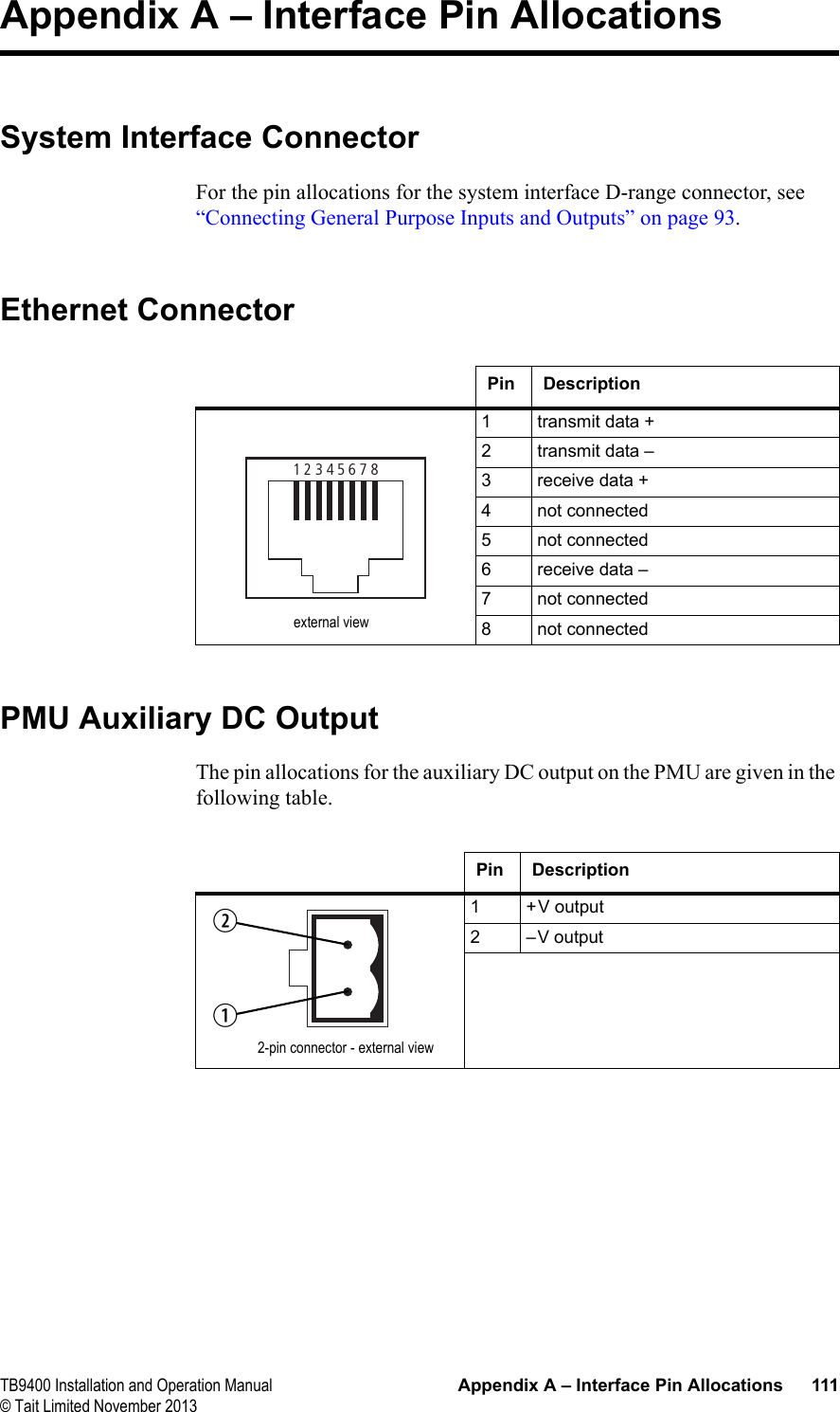  TB9400 Installation and Operation Manual Appendix A – Interface Pin Allocations 111© Tait Limited November 2013Appendix A – Interface Pin AllocationsSystem Interface ConnectorFor the pin allocations for the system interface D-range connector, see “Connecting General Purpose Inputs and Outputs” on page 93.Ethernet ConnectorPMU Auxiliary DC OutputThe pin allocations for the auxiliary DC output on the PMU are given in the following table.Pin Description1 transmit data +2 transmit data –3 receive data +4 not connected5 not connected6 receive data –7 not connected8 not connected12345678external viewPin Description1 +V output2 –V output2-pin connector - external viewbc