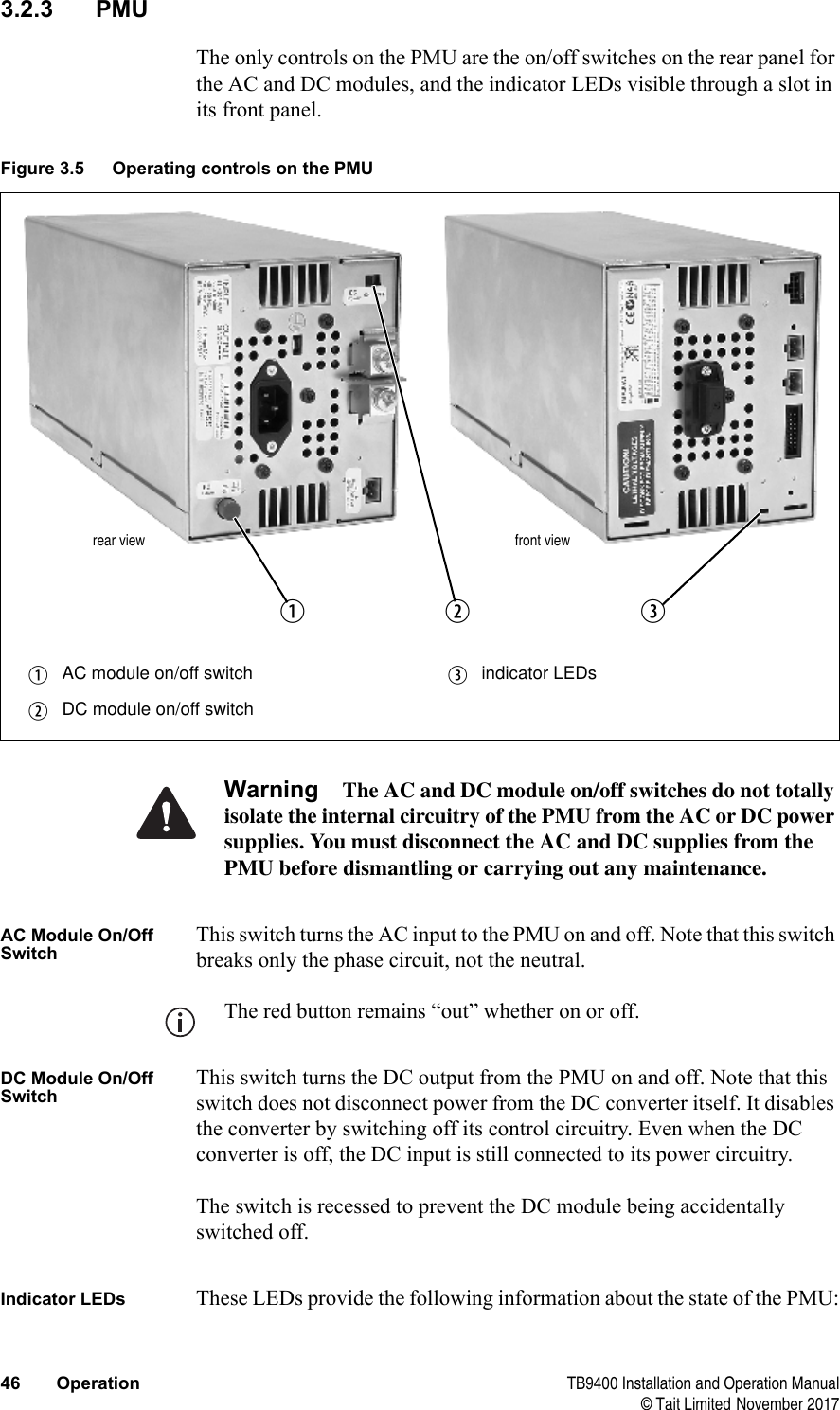  46 Operation TB9400 Installation and Operation Manual© Tait Limited November 20173.2.3 PMUThe only controls on the PMU are the on/off switches on the rear panel for the AC and DC modules, and the indicator LEDs visible through a slot in its front panel.Warning The AC and DC module on/off switches do not totally isolate the internal circuitry of the PMU from the AC or DC power supplies. You must disconnect the AC and DC supplies from the PMU before dismantling or carrying out any maintenance. AC Module On/Off SwitchThis switch turns the AC input to the PMU on and off. Note that this switch breaks only the phase circuit, not the neutral.The red button remains “out” whether on or off.DC Module On/Off SwitchThis switch turns the DC output from the PMU on and off. Note that this switch does not disconnect power from the DC converter itself. It disables the converter by switching off its control circuitry. Even when the DC converter is off, the DC input is still connected to its power circuitry. The switch is recessed to prevent the DC module being accidentally switched off. Indicator LEDs These LEDs provide the following information about the state of the PMU:Figure 3.5 Operating controls on the PMUbAC module on/off switch dindicator LEDscDC module on/off switchbcrear viewdfront view