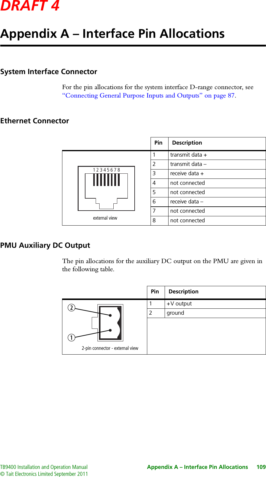 DRAFT 4 TB9400 Installation and Operation Manual Appendix A – Interface Pin Allocations 109© Tait Electronics Limited September 2011Appendix A – Interface Pin AllocationsSystem Interface ConnectorFor the pin allocations for the system interface D-range connector, see “Connecting General Purpose Inputs and Outputs” on page 87.Ethernet ConnectorPMU Auxiliary DC OutputThe pin allocations for the auxiliary DC output on the PMU are given in the following table.Pin Description1 transmit data +2 transmit data –3 receive data +4 not connected5 not connected6 receive data –7 not connected8 not connected12345678external viewPin Description1 + V  output2 ground2-pin connector - external viewbc