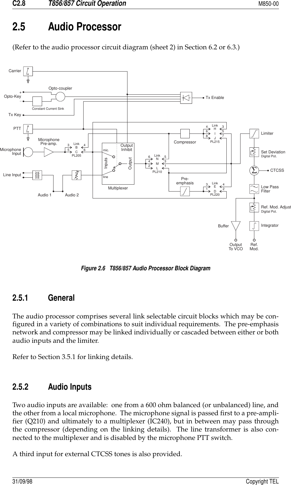 C2.8T856/857 Circuit OperationM850-0031/09/98 Copyright TEL2.5 Audio Processor(Refer to the audio processor circuit diagram (sheet 2) in Section 6.2 or 6.3.)Figure 2.6   T856/857 Audio Processor Block Diagram2.5.1 GeneralThe audio processor comprises several link selectable circuit blocks which may be con-figured in a variety of combinations to suit individual requirements.  The pre-emphasisnetwork and compressor may be linked individually or cascaded between either or bothaudio inputs and the limiter.Refer to Section 3.5.1 for linking details.2.5.2 Audio InputsTwo audio inputs are available:  one from a 600 ohm balanced (or unbalanced) line, andthe other from a local microphone.  The microphone signal is passed first to a pre-ampli-fier (Q210) and ultimately to a multiplexer (IC240), but in between may pass throughthe compressor (depending on the linking details).  The line transformer is also con-nected to the multiplexer and is disabled by the microphone PTT switch.A third input for external CTCSS tones is also provided.Pre-emphasis346BC56434253357128NHMIELJD461mic.lineMultiplexerInputsOutputOutputInhibitAudio 1 Audio 2CompressorLinkLinkLinkTx EnableΣCarrierOpto-KeyTx KeyPTTMicrophoneInputLine InputMicrophonePre-amp.Opto-couplerLinkPL205PL215PL220PL210LimiterSet DeviationCTCSSLow PassFilterRef. Mod. AdjustIntegratorDigital Pot.Digital Pot.BufferOutputTo VCO Ref.Mod.Constant Current Sink+_
