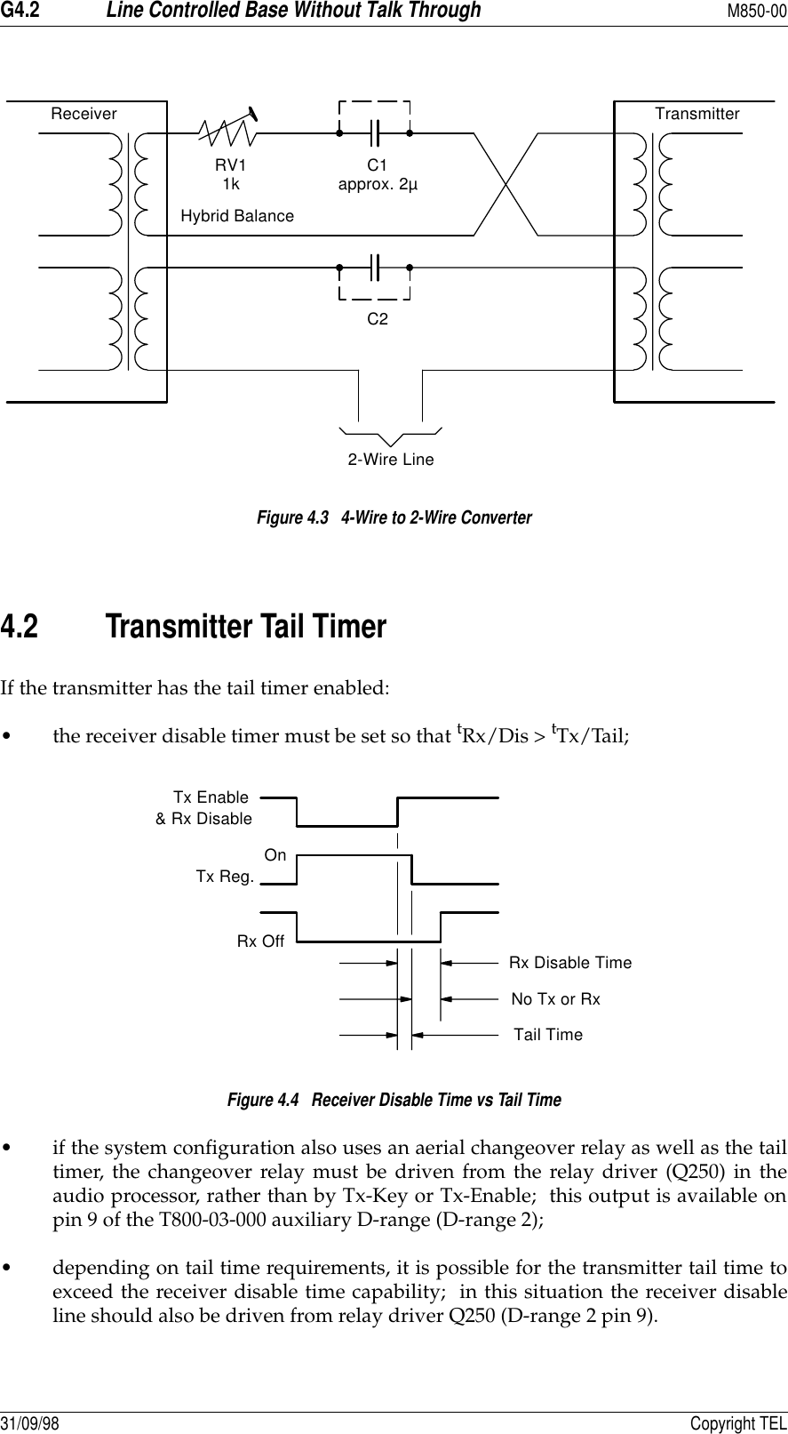 G4.2Line Controlled Base Without Talk ThroughM850-0031/09/98 Copyright TELFigure 4.3   4-Wire to 2-Wire Converter4.2 Transmitter Tail TimerIf the transmitter has the tail timer enabled:• the receiver disable timer must be set so that tRx/Dis &gt; tTx/Tail;Figure 4.4   Receiver Disable Time vs Tail Time• if the system configuration also uses an aerial changeover relay as well as the tailtimer, the changeover relay must be driven from the relay driver (Q250) in theaudio processor, rather than by Tx-Key or Tx-Enable;  this output is available onpin 9 of the T800-03-000 auxiliary D-range (D-range 2);• depending on tail time requirements, it is possible for the transmitter tail time toexceed the receiver disable time capability;  in this situation the receiver disableline should also be driven from relay driver Q250 (D-range 2 pin 9).2-Wire LineC1C2TransmitterReceiverRV1 approx. 2µHybrid Balance1kRx Disable TimeNo Tx or RxTail TimeOnTx Reg.Rx OffTx Enable&amp; Rx Disable