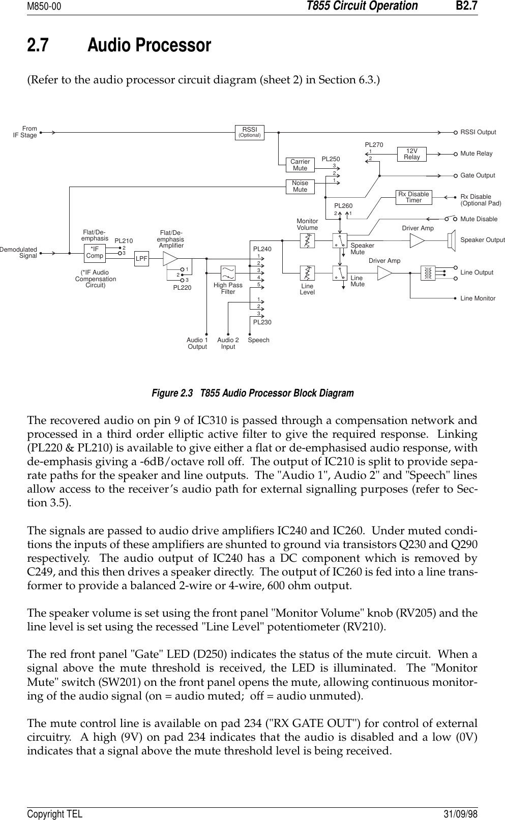 M850-00T855 Circuit OperationB2.7Copyright TEL 31/09/982.7 Audio Processor(Refer to the audio processor circuit diagram (sheet 2) in Section 6.3.)Figure 2.3   T855 Audio Processor Block DiagramThe recovered audio on pin 9 of IC310 is passed through a compensation network andprocessed in a third order elliptic active filter to give the required response.  Linking(PL220 &amp; PL210) is available to give either a flat or de-emphasised audio response, withde-emphasis giving a -6dB/octave roll off.  The output of IC210 is split to provide sepa-rate paths for the speaker and line outputs.  The &quot;Audio 1&quot;, Audio 2&quot; and &quot;Speech&quot; linesallow access to the receiver’s audio path for external signalling purposes (refer to Sec-tion 3.5).The signals are passed to audio drive amplifiers IC240 and IC260.  Under muted condi-tions the inputs of these amplifiers are shunted to ground via transistors Q230 and Q290respectively.  The audio output of IC240 has a DC component which is removed byC249, and this then drives a speaker directly.  The output of IC260 is fed into a line trans-former to provide a balanced 2-wire or 4-wire, 600 ohm output.The speaker volume is set using the front panel &quot;Monitor Volume&quot; knob (RV205) and theline level is set using the recessed &quot;Line Level&quot; potentiometer (RV210).  The red front panel &quot;Gate&quot; LED (D250) indicates the status of the mute circuit.  When asignal above the mute threshold is received, the LED is illuminated.  The &quot;MonitorMute&quot; switch (SW201) on the front panel opens the mute, allowing continuous monitor-ing of the audio signal (on = audio muted;  off = audio unmuted).The mute control line is available on pad 234 (&quot;RX GATE OUT&quot;) for control of externalcircuitry.  A high (9V) on pad 234 indicates that the audio is disabled and a low (0V)indicates that a signal above the mute threshold level is being received.FromIF StageDemodulatedSignal(*IF AudioCompensationCircuit)Driver AmpLine Output12VRelaySpeechAudio 1Output Audio 2InputHigh PassFilterSpeakerMuteLineMuteCarrierMuteRSSI(Optional)Rx DisableTimerNoiseMutePL260PL250PL270RSSI OutputMute RelayGate OutputRx Disable(Optional Pad)Mute DisableSpeaker OutputLine Monitor121221315223341PL240PL230Driver AmpFlat/De-emphasisLPFPL21023Flat/De-emphasisAmplifierPL220123*IFCompMonitorVolumeLineLevel
