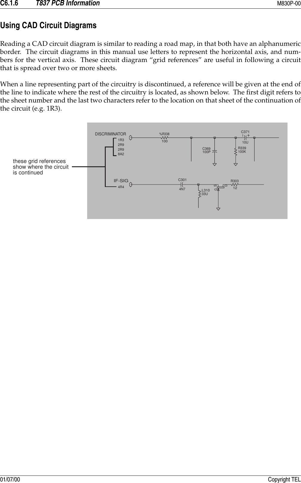 C6.1.6 T837 PCB Information M830P-0001/07/00 Copyright TELUsing CAD Circuit DiagramsReading a CAD circuit diagram is similar to reading a road map, in that both have an alphanumericborder.  The circuit diagrams in this manual use letters to represent the horizontal axis, and num-bers for the vertical axis.  These circuit diagram “grid references” are useful in following a circuitthat is spread over two or more sheets.When a line representing part of the circuitry is discontinued, a reference will be given at the end ofthe line to indicate where the rest of the circuitry is located, as shown below.  The first digit refers tothe sheet number and the last two characters refer to the location on that sheet of the continuation ofthe circuit (e.g. 1R3).C3014N7R30312DSGL31033UIF-SIG4R4C369100PC37110UR339100K%R338100DISCRIMINATOR1R32R92R98A2these grid referencesshow where the circuitis continued