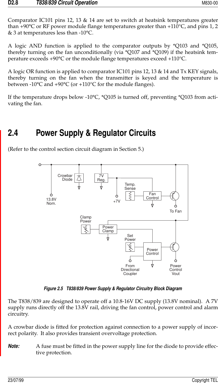 D2.8T838/839 Circuit OperationM830-0023/07/99 Copyright TELComparator IC101 pins 12, 13 &amp; 14 are set to switch at heatsink temperatures greaterthan +90°C or RF power module flange temperatures greater than +110°C, and pins 1, 2&amp; 3 at temperatures less than -10°C.A logic AND function is applied to the comparator outputs by *Q103 and *Q105,thereby turning on the fan unconditionally (via *Q107 and *Q109) if the heatsink tem-perature exceeds +90°C or the module flange temperatures exceed +110°C.A logic OR function is applied to comparator IC101 pins 12, 13 &amp; 14 and Tx KEY signals,thereby turning on the fan when the transmitter is keyed and the temperature isbetween -10°C and +90°C (or +110°C for the module flanges).If the temperature drops below -10°C, *Q105 is turned off, preventing *Q103 from acti-vating the fan.2.4 Power Supply &amp; Regulator Circuits(Refer to the control section circuit diagram in Section 5.)Figure 2.5   T838/839 Power Supply &amp; Regulator Circuitry Block DiagramThe T838/839 are designed to operate off a 10.8-16V DC supply (13.8V nominal).  A 7Vsupply runs directly off the 13.8V rail, driving the fan control, power control and alarmcircuitry.A crowbar diode is fitted for protection against connection to a power supply of incor-rect polarity.  It also provides transient overvoltage protection.Note:A fuse must be fitted in the power supply line for the diode to provide effec-tive protection.7VReg.FanControlPowerClampPowerControlCrowbarDiodeTemp.SenseTo Fan+7VClampPowerFromDirectionalCouplerPowerControlVoutSetPower13.8VNom.