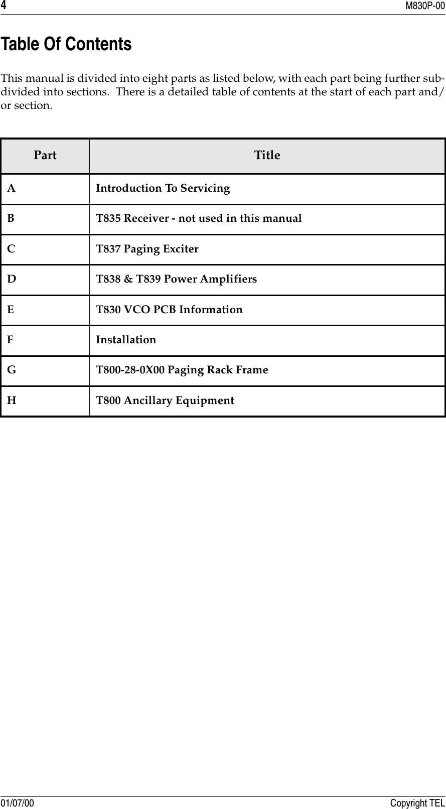 4M830P-0001/07/00 Copyright TELTable Of ContentsThis manual is divided into eight parts as listed below, with each part being further sub-divided into sections.  There is a detailed table of contents at the start of each part and/or section.1Part TitleA Introduction To ServicingB T835 Receiver - not used in this manualC T837 Paging ExciterD T838 &amp; T839 Power AmplifiersE T830 VCO PCB InformationF InstallationG T800-28-0X00 Paging Rack FrameH T800 Ancillary Equipment