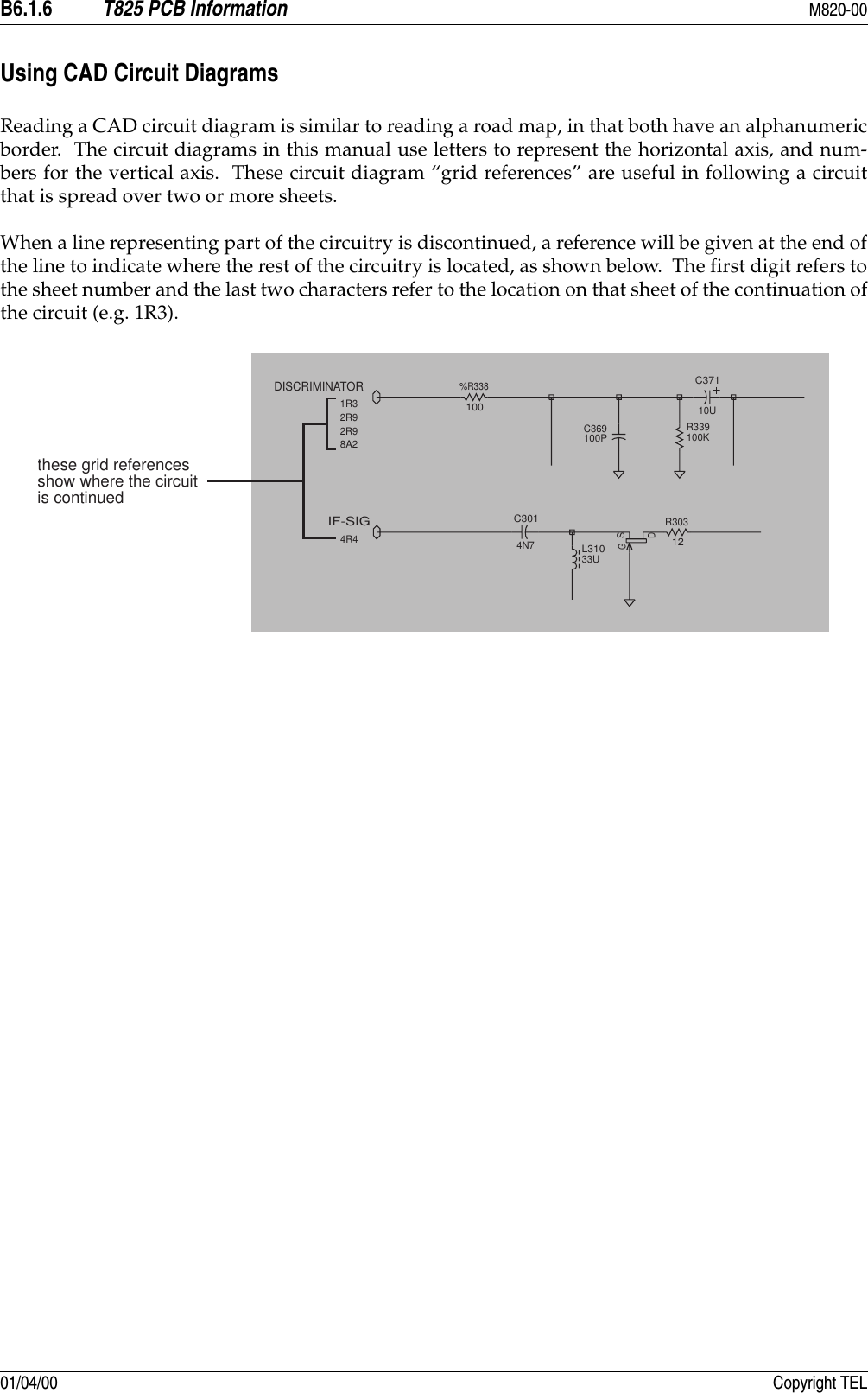 B6.1.6 T825 PCB Information M820-0001/04/00 Copyright TELUsing CAD Circuit DiagramsReading a CAD circuit diagram is similar to reading a road map, in that both have an alphanumericborder.  The circuit diagrams in this manual use letters to represent the horizontal axis, and num-bers for the vertical axis.  These circuit diagram “grid references” are useful in following a circuitthat is spread over two or more sheets.When a line representing part of the circuitry is discontinued, a reference will be given at the end ofthe line to indicate where the rest of the circuitry is located, as shown below.  The first digit refers tothe sheet number and the last two characters refer to the location on that sheet of the continuation ofthe circuit (e.g. 1R3).C3014N7R30312DSGL31033UIF-SIG4R4C369100PC37110UR339100K%R338100DISCRIMINATOR1R32R92R98A2these grid referencesshow where the circuitis continued
