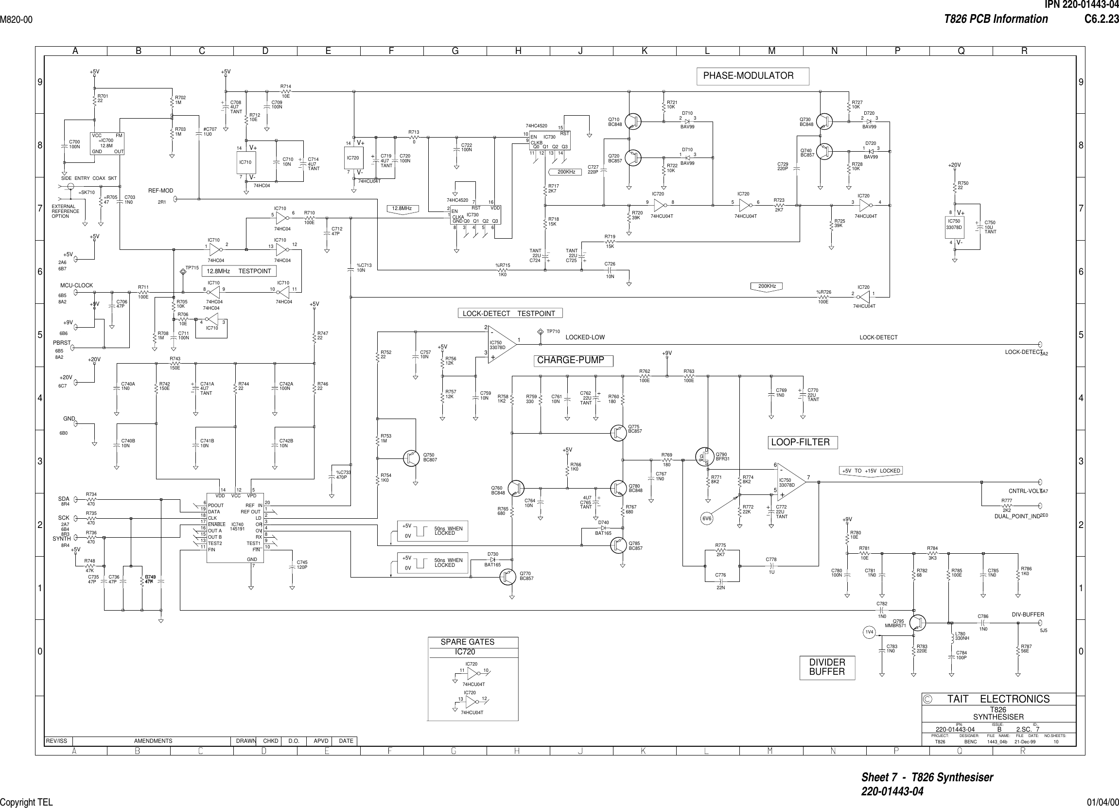 IPN 220-01443-04M820-00 T826 PCB Information C6.2.23Copyright TEL 01/04/00Sheet 7  -  T826 Synthesiser220-01443-0401234567890123456789ABCDEFGHJ KLMNPQRREV/ISS AMENDMENTS DATEAPVDD.O.CHKDDRAWNNO.SHEETS:FILE NAME:TAIT ELECTRONICSIPN:FILE DATE:ISSUE: ID:.2.SC.PROJECT: DESIGNER:710T826SYNTHESISER1443_04b220-01443-0421-Dec-99BT826 BENC  1V4IC740145191    REF IN 20REF OUT 1LD 2OR 3OV 4RX 8TEST1 9FIN 10GND7VPD5VCC12VDD14PDOUT6DATA19CLK18ENABLE17OUT A16OUT B15TEST213FIN11R78010E    R785100E    R7861K0    C7811N0    C7831N0    R78756E    C784100P    C7821N0    R70122        12.8M=IC700GND OUTVCC FMR7031M    R7021M    C700100N    C709100N    C71010N    R71410E    C7031N0    IC71074HC04    V-7V+14IC71074HC04    12IC71074HC04    98IC73074HC4520    EN2CLKA1GND8Q03Q14Q25Q36RST7VDD16IC73074HC4520    EN10CLKB9Q011Q112Q213Q314RST15R711100E    C722100N    R7130    TANTC7084U7    R7172K7    R71815K    C727220P    R72110K    R72210K    R7232K7    C729220P    R72810K    IC75033078D    V-4V+8+-IC75033078D    567C77622N    %C71310N    %R7151K0    C741B10N    R74422    C740B10N    R742150E    R74622    R74722    C742B10N    C742A100N    TANTC741A4U7    R767680    R7541K0    R7531M    R75222    C75710N    R75022    R75712K    R75612K    C75910N    TP710    C76410N     TANTC7654U7    R7661K0    R765680    R760180     R759330    C76110N     TANTC76222U    C7671N0    R769180    R762100E    R7718K2    R763100E    TANTC77022U    TANTC77222U    C7691N0    R7748K2    R77222K    R7752K7    R783220E    C780100N     C74347P    C73647P    C73547P    R74847K    R71915K    C72610N    R72710K    %R726100E    %C733470P    R78110E    C7861N0    C745120P    #C7071U0    R74947K    TANTC72422U    =R70547    =SK710SIDE ENTRY COAX SKT    IC71074HC04    13 12IC72074HCU04T    V-7V+14IC71074HC04    56IC72074HCU04T    98IC72074HCU04T    56IC72074HCU04T    34IC72074HCU04T    12+-IC75033078D    321R743150E    C740A1N0    IC71074HC04    1110R710100E    IC71074HC04    34IC72074HCU04T    13 12IC72074HCU04T    11 10C720100N    Q710BC848    Q720BC857    Q730BC848    Q740BC857    Q750BC807    Q770BC857    Q760BC848    Q780BC848    Q785BC857    Q775BC857    DSGQ790BFR31    Q795MMBR571    D710BAV99    23 D720BAV99    23D710BAV99    31D720BAV99    31D730BAT165    D740BAT165    C71247P    TANTC72522U    R72039K     R72539K    R7581K2     R7772K2    TP715    C70647P    R78268    R7843K3    L780330NH    R71210E    TANTC7194U7    R70610E    C711100N    R70510K    R7081M    TANTC7144U7    R736470    R735470    R734470    TANTC75010U    C7851N0    C7781U    +9V+5V +5V+5V+5V+5V+9V+5VGND1R01R02R33R84Q15A36B08A09C5MCU-CLOCK6B58A2SDA8R4SCK6B48R38R3SYNTH8R4REF-MOD2R1+5V2A66B7+9V6C78A1+20V6C7+5V+9V+20V+20VLOCK-DETECT3A2DIV-BUFFER5J5CNTRL-VOLT5A7DUAL_POINT_IND2E0PBRST6B58A2SPARE GATESIC720LOCK-DETECT TESTPOINTLOCKED-LOWEXTERNALREFERENCEOPTION6B66B02A76B48R312.8MHz TESTPOINTLOOP-FILTERDIVIDERBUFFERCHARGE-PUMPPHASE-MODULATOR6V612.8MHz200KHz200KHz+5V TO +15V LOCKED50ns WHEN+5V0V LOCKED50ns WHEN+5V0V LOCKEDLOCK-DETECT