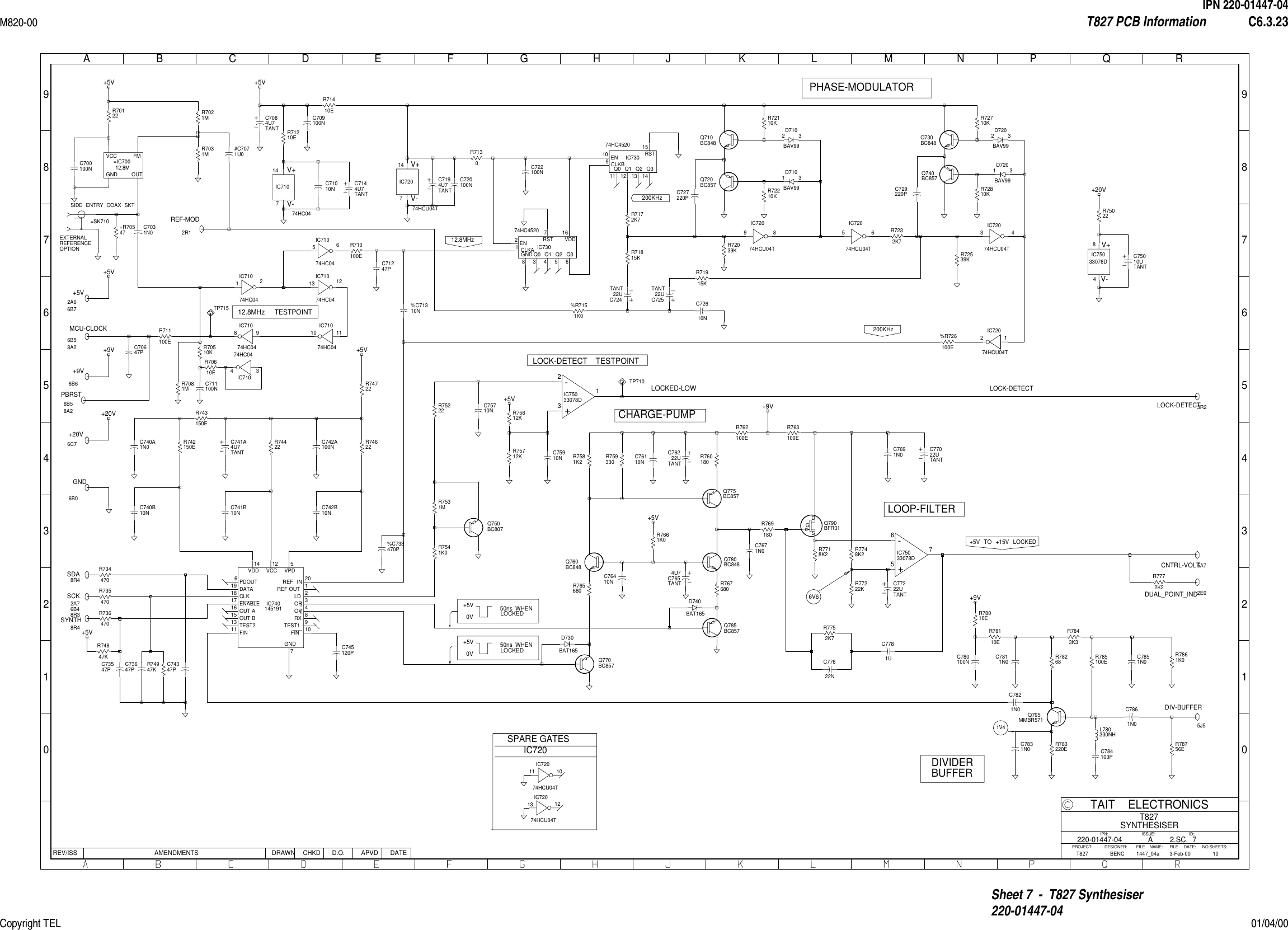 IPN 220-01447-04M820-00 T827 PCB Information C6.3.23Copyright TEL 01/04/00Sheet 7  -  T827 Synthesiser220-01447-0401234567890123456789ABCDEFGHJ KLMNPQRREV/ISS AMENDMENTS DATEAPVDD.O.CHKDDRAWNNO.SHEETS:FILE NAME:TAIT ELECTRONICSIPN:FILE DATE:ISSUE: ID:.2.SC.PROJECT: DESIGNER:710T827SYNTHESISER1447_04a220-01447-043-Feb-00AT827 BENC  1V4IC740145191    REF IN 20REF OUT 1LD 2OR 3OV 4RX 8TEST1 9FIN 10GND7VPD5VCC12VDD14PDOUT6DATA19CLK18ENABLE17OUT A16OUT B15TEST213FIN11R78010E    R785100E    R7861K0    C7811N0    C7831N0    R78756E    C784100P    C7821N0    R70122        12.8M=IC700GND OUTVCC FMR7031M    R7021M    C700100N    C709100N    C71010N    R71410E    C7031N0    IC71074HC04    V-7V+14IC71074HC04    12IC71074HC04    98IC73074HC4520    EN2CLKA1GND8Q03Q14Q25Q36RST7VDD16IC73074HC4520    EN10CLKB9Q011Q112Q213Q314RST15R711100E    C722100N    R7130    TANTC7084U7    R7172K7    R71815K    C727220P    R72110K    R72210K    R7232K7    C729220P    R72810K    IC75033078D    V-4V+8+-IC75033078D    567C77622N    %C71310N    %R7151K0    C741B10N    R74422    C740B10N    R742150E    R74622    R74722    C742B10N    C742A100N    TANTC741A4U7    R767680    R7541K0    R7531M    R75222    C75710N    R75022    R75712K    R75612K    C75910N    TP710    C76410N     TANTC7654U7    R7661K0    R765680    R760180     R759330    C76110N     TANTC76222U    C7671N0    R769180    R762100E    R7718K2    R763100E    TANTC77022U    TANTC77222U    C7691N0    R7748K2    R77222K    R7752K7    R783220E    C780100N     C74347P    C73647P    C73547P    R74847K    R71915K    C72610N    R72710K    %R726100E    %C733470P    R78110E    C7861N0    C745120P    #C7071U0    R74947K    TANTC72422U    =R70547    =SK710SIDE ENTRY COAX SKT    IC71074HC04    13 12IC72074HCU04T    V-7V+14IC71074HC04    56IC72074HCU04T    98IC72074HCU04T    56IC72074HCU04T    34IC72074HCU04T    12+-IC75033078D    321R743150E    C740A1N0    IC71074HC04    1110R710100E    IC71074HC04    34IC72074HCU04T    13 12IC72074HCU04T    11 10C720100N    Q710BC848    Q720BC857    Q730BC848    Q740BC857    Q750BC807    Q770BC857    Q760BC848    Q780BC848    Q785BC857    Q775BC857    DSGQ790BFR31    Q795MMBR571    D710BAV99    23 D720BAV99    23D710BAV99    31D720BAV99    31D730BAT165    D740BAT165    C71247P    TANTC72522U    R72039K     R72539K    R7581K2     R7772K2    TP715    C70647P    R78268    R7843K3    L780330NH    R71210E    TANTC7194U7    R70610E    C711100N    R70510K    R7081M    TANTC7144U7    R736470    R735470    R734470    TANTC75010U    C7851N0    C7781U    +9V+5V +5V+5V+5V+5V+9V+5VGND1R01R02R33R84G45A36B08A09C5MCU-CLOCK6B58A2SDA8R4SCK6B48R38R3SYNTH8R4REF-MOD2R1+5V2A66B7+9V6C78A1+20V6C7+5V+9V+20V+20VLOCK-DETECT3R2DIV-BUFFER5J5CNTRL-VOLT5A7DUAL_POINT_IND2E0PBRST6B58A2SPARE GATESIC720LOCK-DETECT TESTPOINTLOCKED-LOWEXTERNALREFERENCEOPTION6B66B02A76B48R312.8MHz TESTPOINTLOOP-FILTERDIVIDERBUFFERCHARGE-PUMPPHASE-MODULATOR6V612.8MHz200KHz200KHz+5V TO +15V LOCKED50ns WHEN+5V0V LOCKED50ns WHEN+5V0V LOCKEDBAT165BAT165LOCK-DETECT