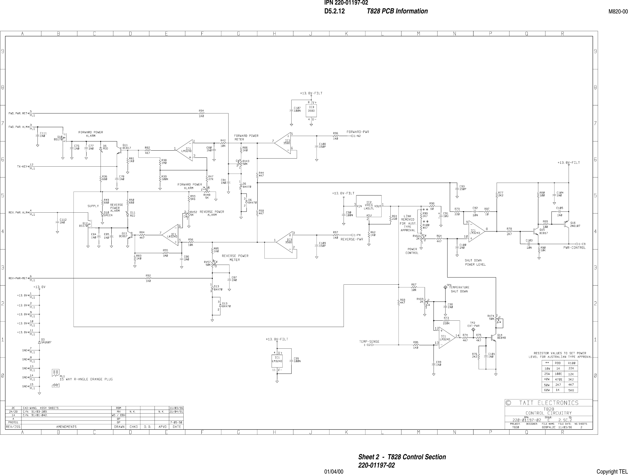 IPN 220-01197-02D5.2.12 T828 PCB Information M820-0001/04/00 Copyright TELSheet 2  -  T828 Control Section220-01197-02