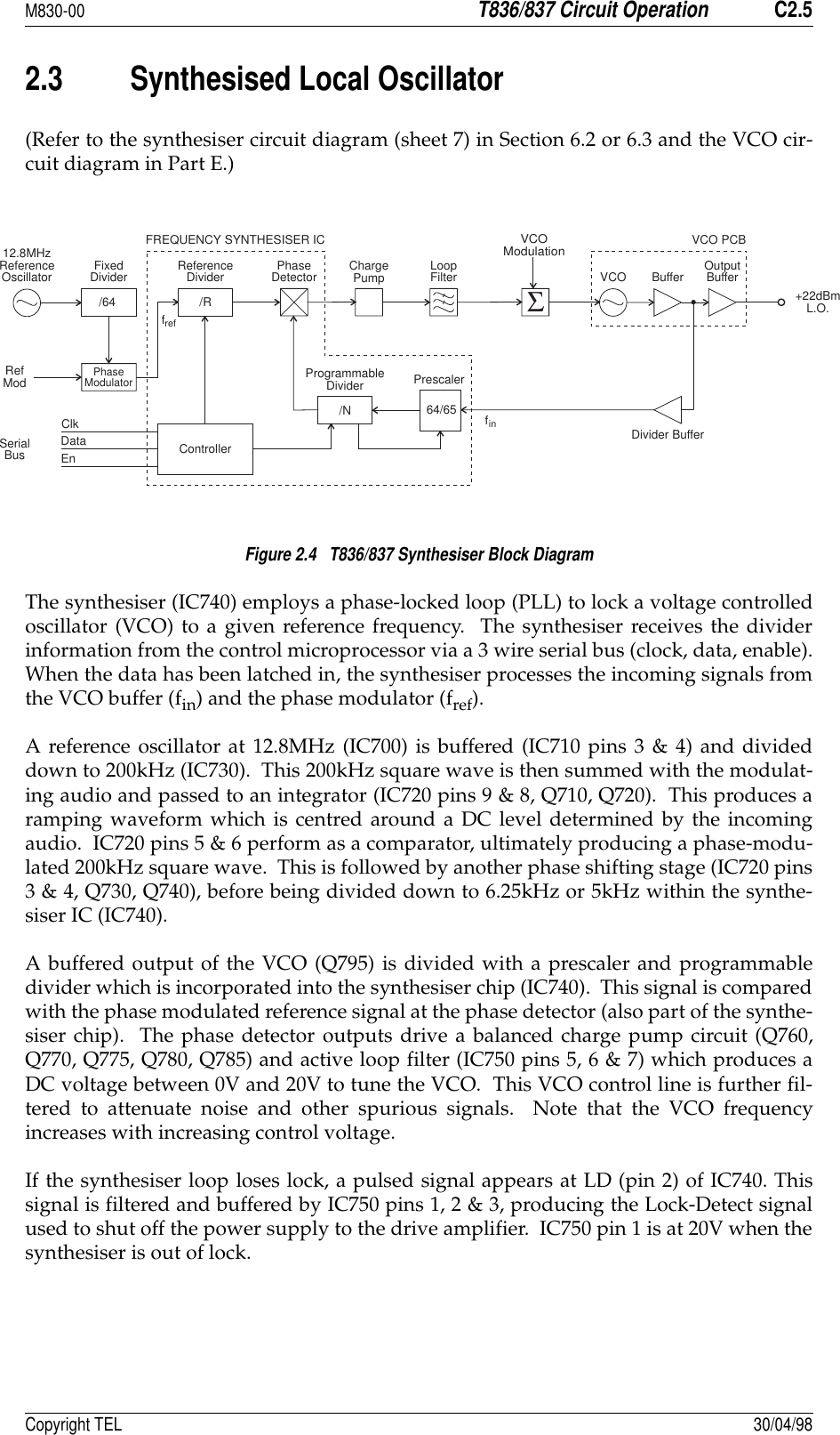 M830-00T836/837 Circuit OperationC2.5Copyright TEL 30/04/982.3 Synthesised Local Oscillator(Refer to the synthesiser circuit diagram (sheet 7) in Section 6.2 or 6.3 and the VCO cir-cuit diagram in Part E.)Figure 2.4   T836/837 Synthesiser Block DiagramThe synthesiser (IC740) employs a phase-locked loop (PLL) to lock a voltage controlledoscillator (VCO) to a given reference frequency.  The synthesiser receives the dividerinformation from the control microprocessor via a 3 wire serial bus (clock, data, enable).When the data has been latched in, the synthesiser processes the incoming signals fromthe VCO buffer (fin) and the phase modulator (fref).A reference oscillator at 12.8MHz (IC700) is buffered (IC710 pins 3 &amp; 4) and divideddown to 200kHz (IC730).  This 200kHz square wave is then summed with the modulat-ing audio and passed to an integrator (IC720 pins 9 &amp; 8, Q710, Q720).  This produces aramping waveform which is centred around a DC level determined by the incomingaudio.  IC720 pins 5 &amp; 6 perform as a comparator, ultimately producing a phase-modu-lated 200kHz square wave.  This is followed by another phase shifting stage (IC720 pins3 &amp; 4, Q730, Q740), before being divided down to 6.25kHz or 5kHz within the synthe-siser IC (IC740).A buffered output of the VCO (Q795) is divided with a prescaler and programmabledivider which is incorporated into the synthesiser chip (IC740).  This signal is comparedwith the phase modulated reference signal at the phase detector (also part of the synthe-siser chip).  The phase detector outputs drive a balanced charge pump circuit (Q760,Q770, Q775, Q780, Q785) and active loop filter (IC750 pins 5, 6 &amp; 7) which produces aDC voltage between 0V and 20V to tune the VCO.  This VCO control line is further fil-tered to attenuate noise and other spurious signals.  Note that the VCO frequencyincreases with increasing control voltage.If the synthesiser loop loses lock, a pulsed signal appears at LD (pin 2) of IC740. Thissignal is filtered and buffered by IC750 pins 1, 2 &amp; 3, producing the Lock-Detect signalused to shut off the power supply to the drive amplifier.  IC750 pin 1 is at 20V when thesynthesiser is out of lock./RReferenceDivider12.8MHzReferenceOscillator FixedDivider/64PhaseModulatorRefModPhaseDetector ChargePump LoopFilterFREQUENCY SYNTHESISER ICSerialBusClkDataEn Controller/NProgrammableDivider64/65PrescalerVCO PCBVCO ModulationVCO Buffer OutputBuffer+22dBmL.O.Divider BufferfreffinΣ