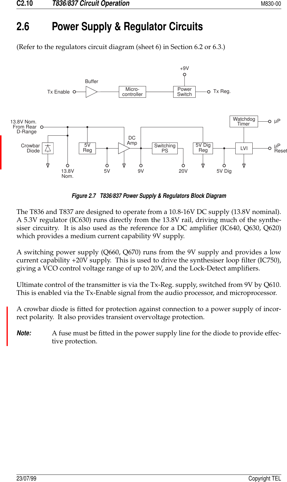 C2.10T836/837 Circuit OperationM830-0023/07/99 Copyright TEL2.6 Power Supply &amp; Regulator Circuits (Refer to the regulators circuit diagram (sheet 6) in Section 6.2 or 6.3.)Figure 2.7   T836/837 Power Supply &amp; Regulators Block DiagramThe T836 and T837 are designed to operate from a 10.8-16V DC supply (13.8V nominal).A 5.3V regulator (IC630) runs directly from the 13.8V rail, driving much of the synthe-siser circuitry.  It is also used as the reference for a DC amplifier (IC640, Q630, Q620)which provides a medium current capability 9V supply.A switching power supply (Q660, Q670) runs from the 9V supply and provides a lowcurrent capability +20V supply.  This is used to drive the synthesiser loop filter (IC750),giving a VCO control voltage range of up to 20V, and the Lock-Detect amplifiers.Ultimate control of the transmitter is via the Tx-Reg. supply, switched from 9V by Q610.This is enabled via the Tx-Enable signal from the audio processor, and microprocessor.  A crowbar diode is fitted for protection against connection to a power supply of incor-rect polarity.  It also provides transient overvoltage protection.Note:A fuse must be fitted in the power supply line for the diode to provide effec-tive protection.CrowbarDiode LVI5VRegDCAmp SwitchingPS 5V DigRegPowerSwitch13.8VNom. 5V 5V Dig9V 20V13.8V Nom.From RearD-RangeTx EnableBufferTx Reg.+9VµPWatchdogTimerMicro-controllerµPReset