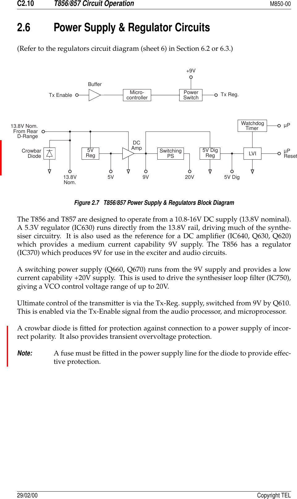 C2.10T856/857 Circuit OperationM850-0029/02/00 Copyright TEL2.6 Power Supply &amp; Regulator Circuits (Refer to the regulators circuit diagram (sheet 6) in Section 6.2 or 6.3.)Figure 2.7   T856/857 Power Supply &amp; Regulators Block DiagramThe T856 and T857 are designed to operate from a 10.8-16V DC supply (13.8V nominal).A 5.3V regulator (IC630) runs directly from the 13.8V rail, driving much of the synthe-siser circuitry.  It is also used as the reference for a DC amplifier (IC640, Q630, Q620)which provides a medium current capability 9V supply. The T856 has a regulator(IC370) which produces 9V for use in the exciter and audio circuits.A switching power supply (Q660, Q670) runs from the 9V supply and provides a lowcurrent capability +20V supply.  This is used to drive the synthesiser loop filter (IC750),giving a VCO control voltage range of up to 20V.Ultimate control of the transmitter is via the Tx-Reg. supply, switched from 9V by Q610.This is enabled via the Tx-Enable signal from the audio processor, and microprocessor.  A crowbar diode is fitted for protection against connection to a power supply of incor-rect polarity.  It also provides transient overvoltage protection.Note:A fuse must be fitted in the power supply line for the diode to provide effec-tive protection.CrowbarDiode LVI5VRegDCAmp SwitchingPS 5V DigRegPowerSwitch13.8VNom. 5V 5V Dig9V 20V13.8V Nom.From RearD-RangeTx EnableBufferTx Reg.+9VµPWatchdogTimerMicro-controllerµPReset
