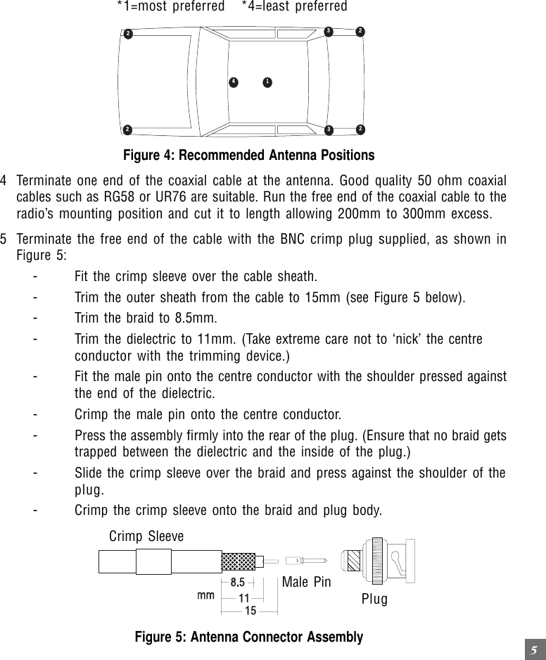 5*1=most preferred *4=least preferredFigure 4: Recommended Antenna Positions4 Terminate one end of the coaxial cable at the antenna. Good quality 50 ohm coaxialcables such as RG58 or UR76 are suitable. Run the free end of the coaxial cable to theradio’s mounting position and cut it to length allowing 200mm to 300mm excess.5 Terminate the free end of the cable with the BNC crimp plug supplied, as shown inFigure 5:- Fit the crimp sleeve over the cable sheath.- Trim the outer sheath from the cable to 15mm (see Figure 5 below).- Trim the braid to 8.5mm.- Trim the dielectric to 11mm. (Take extreme care not to ‘nick’ the centreconductor with the trimming device.)- Fit the male pin onto the centre conductor with the shoulder pressed againstthe end of the dielectric.- Crimp the male pin onto the centre conductor.- Press the assembly firmly into the rear of the plug. (Ensure that no braid getstrapped between the dielectric and the inside of the plug.)- Slide the crimp sleeve over the braid and press against the shoulder of theplug.- Crimp the crimp sleeve onto the braid and plug body.24 133 222Figure 5: Antenna Connector AssemblyCrimp SleeveMale PinPlug