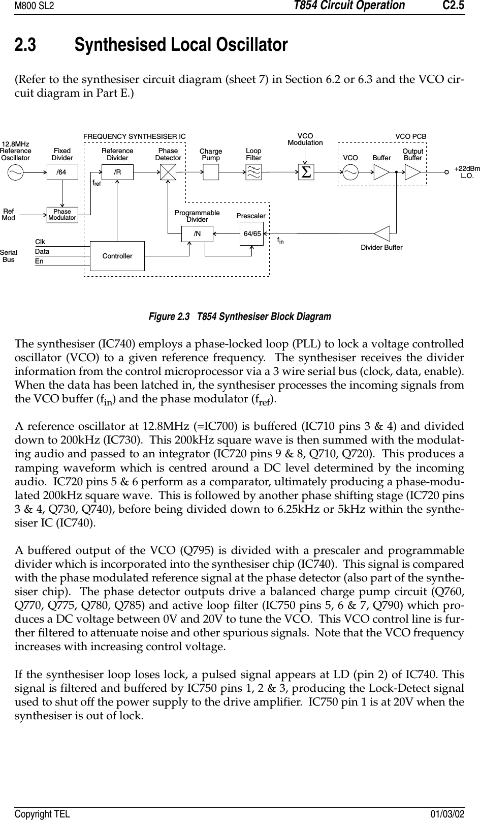 M800 SL2 T854 Circuit Operation C2.5Copyright TEL 01/03/022.3 Synthesised Local Oscillator(Refer to the synthesiser circuit diagram (sheet 7) in Section 6.2 or 6.3 and the VCO cir-cuit diagram in Part E.)Figure 2.3   T854 Synthesiser Block DiagramThe synthesiser (IC740) employs a phase-locked loop (PLL) to lock a voltage controlledoscillator (VCO) to a given reference frequency.  The synthesiser receives the dividerinformation from the control microprocessor via a 3 wire serial bus (clock, data, enable).When the data has been latched in, the synthesiser processes the incoming signals fromthe VCO buffer (fin) and the phase modulator (fref).A reference oscillator at 12.8MHz (=IC700) is buffered (IC710 pins 3 &amp; 4) and divideddown to 200kHz (IC730).  This 200kHz square wave is then summed with the modulat-ing audio and passed to an integrator (IC720 pins 9 &amp; 8, Q710, Q720).  This produces aramping waveform which is centred around a DC level determined by the incomingaudio.  IC720 pins 5 &amp; 6 perform as a comparator, ultimately producing a phase-modu-lated 200kHz square wave.  This is followed by another phase shifting stage (IC720 pins3 &amp; 4, Q730, Q740), before being divided down to 6.25kHz or 5kHz within the synthe-siser IC (IC740).A buffered output of the VCO (Q795) is divided with a prescaler and programmabledivider which is incorporated into the synthesiser chip (IC740).  This signal is comparedwith the phase modulated reference signal at the phase detector (also part of the synthe-siser chip).  The phase detector outputs drive a balanced charge pump circuit (Q760,Q770, Q775, Q780, Q785) and active loop filter (IC750 pins 5, 6 &amp; 7, Q790) which pro-duces a DC voltage between 0V and 20V to tune the VCO.  This VCO control line is fur-ther filtered to attenuate noise and other spurious signals.  Note that the VCO frequencyincreases with increasing control voltage.If the synthesiser loop loses lock, a pulsed signal appears at LD (pin 2) of IC740. Thissignal is filtered and buffered by IC750 pins 1, 2 &amp; 3, producing the Lock-Detect signalused to shut off the power supply to the drive amplifier.  IC750 pin 1 is at 20V when thesynthesiser is out of lock./RReferenceDivider12.8MHzReferenceOscillator FixedDivider/64PhaseModulatorRefModPhaseDetector ChargePump LoopFilterFREQUENCY SYNTHESISER ICSerialBusClkDataEn Controller/NProgrammableDivider64/65PrescalerVCO PCBVCO ModulationVCO Buffer OutputBuffer+22dBmL.O.Divider BufferfreffinΣ