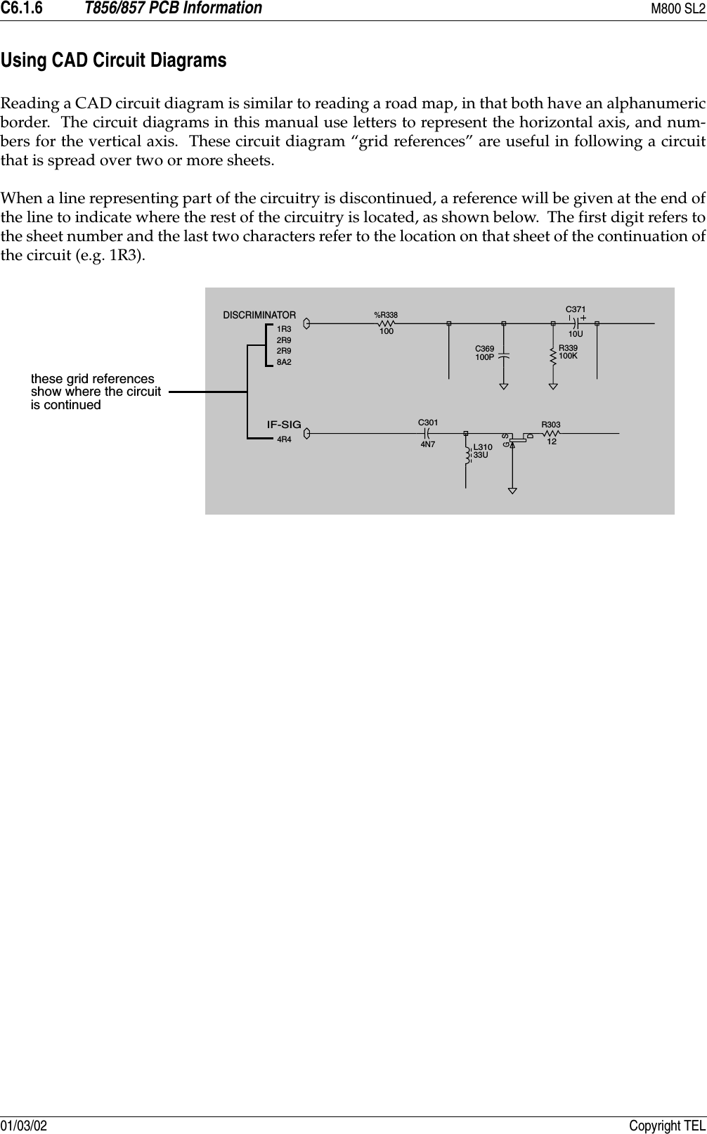 C6.1.6 T856/857 PCB Information M800 SL201/03/02 Copyright TELUsing CAD Circuit DiagramsReading a CAD circuit diagram is similar to reading a road map, in that both have an alphanumericborder.  The circuit diagrams in this manual use letters to represent the horizontal axis, and num-bers for the vertical axis.  These circuit diagram “grid references” are useful in following a circuitthat is spread over two or more sheets.When a line representing part of the circuitry is discontinued, a reference will be given at the end ofthe line to indicate where the rest of the circuitry is located, as shown below.  The first digit refers tothe sheet number and the last two characters refer to the location on that sheet of the continuation ofthe circuit (e.g. 1R3).C3014N7R30312DSGL31033UIF-SIG4R4C369100PC37110UR339100K%R338100DISCRIMINATOR1R32R92R98A2these grid referencesshow where the circuitis continued