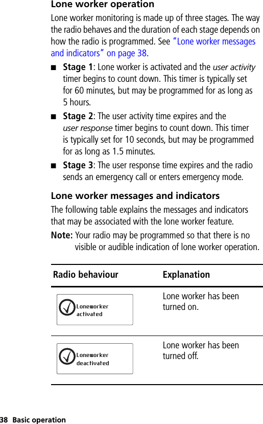 38 Basic operationLone worker operationLone worker monitoring is made up of three stages. The way the radio behaves and the duration of each stage depends on how the radio is programmed. See “Lone worker messages and indicators” on page 38.■Stage 1: Lone worker is activated and the user activity timer begins to count down. This timer is typically set for 60 minutes, but may be programmed for as long as 5hours.■Stage 2: The user activity time expires and the user response timer begins to count down. This timer is typically set for 10 seconds, but may be programmed for as long as 1.5 minutes.■Stage 3: The user response time expires and the radio sends an emergency call or enters emergency mode. Lone worker messages and indicatorsThe following table explains the messages and indicators that may be associated with the lone worker feature. Note: Your radio may be programmed so that there is no visible or audible indication of lone worker operation. Radio behaviour ExplanationLone worker has been turned on.Lone worker has been turned off.Loneworker activatedLoneworker deactivated
