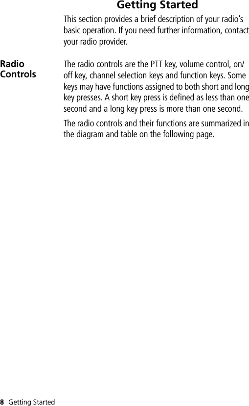 8Getting StartedGetting StartedThis section provides a brief description of your radio’s basic operation. If you need further information, contact your radio provider.Radio ControlsThe radio controls are the PTT key, volume control, on/off key, channel selection keys and function keys. Some keys may have functions assigned to both short and long key presses. A short key press is defined as less than one second and a long key press is more than one second.The radio controls and their functions are summarized in the diagram and table on the following page.