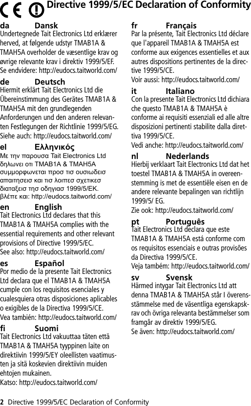 2Directive 1999/5/EC Declaration of ConformityDirective 1999/5/EC Declaration of Conformityda DanskUndertegnede Tait Electronics Ltd erklærer herved, at følgende udstyr TMAB1A &amp; TMAH5A overholder de væsentlige krav og øvrige relevante krav i direktiv 1999/5/EF.Se endvidere: http://eudocs.taitworld.com/de DeutschHiermit erklärt Tait Electronics Ltd die Übereinstimmung des Gerätes TMAB1A &amp; TMAH5A mit den grundlegenden Anforderungen und den anderen relevan-ten Festlegungen der Richtlinie 1999/5/EG.Siehe auch: http://eudocs.taitworld.com/el ΕλληνικόςΜε την παρουσα Tait Electronics Ltd δηλωνει οτι TMAB1A &amp; TMAH5A συµµορφωνεται προσ τισ ουσιωδεισ απαιτησεισ και τισ λοιπεσ σχετικεσ διαταξεισ τησ οδηγιασ 1999/5/ΕΚ.βλέπε και: http://eudocs.taitworld.com/en EnglishTait Electronics Ltd declares that this TMAB1A &amp; TMAH5A complies with the essential requirements and other relevant provisions of Directive 1999/5/EC. See also: http://eudocs.taitworld.com/es EspañolPor medio de la presente Tait Electronics Ltd declara que el TMAB1A &amp; TMAH5A cumple con los requisitos esenciales y cualesquiera otras disposiciones aplicables o exigibles de la Directiva 1999/5/CE.Vea también: http://eudocs.taitworld.com/fi SuomiTait Electronics Ltd vakuuttaa täten että TMAB1A &amp; TMAH5A tyyppinen laite on direktiivin 1999/5/EY oleellisten vaatimus-ten ja sitä koskevien direktiivin muiden ehtojen mukainen.Katso: http://eudocs.taitworld.com/fr FrançaisPar la présente, Tait Electronics Ltd déclare que l&apos;appareil TMAB1A &amp; TMAH5A est conforme aux exigences essentielles et aux autres dispositions pertinentes de la direc-tive 1999/5/CE.Voir aussi: http://eudocs.taitworld.com/it ItalianoCon la presente Tait Electronics Ltd dichiara che questo TMAB1A &amp; TMAH5A è conforme ai requisiti essenziali ed alle altre disposizioni pertinenti stabilite dalla diret-tiva 1999/5/CE. Vedi anche: http://eudocs.taitworld.com/nl NederlandsHierbij verklaart Tait Electronics Ltd dat het toestel TMAB1A &amp; TMAH5A in overeen-stemming is met de essentiële eisen en de andere relevante bepalingen van richtlijn 1999/5/ EG.Zie ook: http://eudocs.taitworld.com/pt PortuguêsTait Electronics Ltd declara que este TMAB1A &amp; TMAH5A está conforme com os requisitos essenciais e outras provisões da Directiva 1999/5/CE.Veja também: http://eudocs.taitworld.com/sv SvenskHärmed intygar Tait Electronics Ltd att denna TMAB1A &amp; TMAH5A står I överens-stämmelse med de väsentliga egenskapsk-rav och övriga relevanta bestämmelser som framgår av direktiv 1999/5/EG.Se även: http://eudocs.taitworld.com/