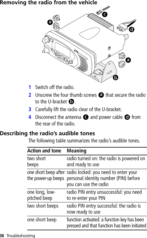 38 TroubleshootingRemoving the radio from the vehicle1Switch off the radio.2Unscrew the four thumb screws   that secure the radio to the U-bracket  .3Carefully lift the radio clear of the U-bracket.4Disconnect the antenna   and power cable   from the rear of the radio.Describing the radio’s audible tonesThe following table summarizes the radio’s audible tones.cdaababcdAction and tone Meaningtwo shortbeepsradio turned on: the radio is powered on and ready to useone short beep after the power-up beepsradio locked: you need to enter your personal identity number (PIN) before you can use the radioone long, low-pitched beepradio PIN entry unsuccessful: you need to re-enter your PINtwo short beeps radio PIN entry successful: the radio is now ready to useone short beepfunction activated: a function key has been pressed and that function has been initiated
