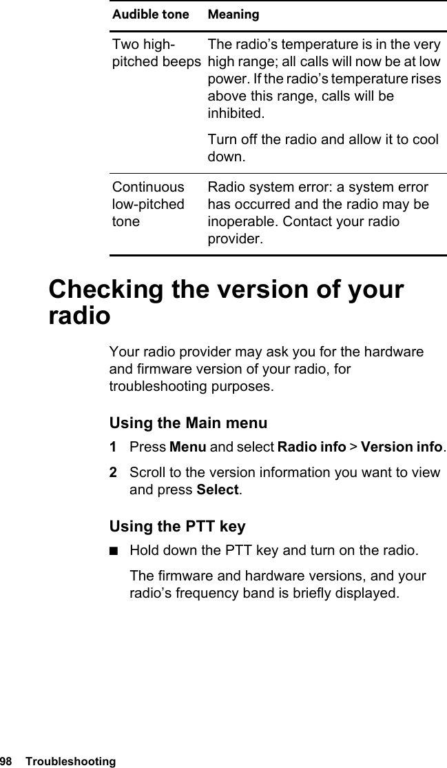 98  TroubleshootingChecking the version of your radioYour radio provider may ask you for the hardware and firmware version of your radio, for troubleshooting purposes.Using the Main menu1Press Menu and select Radio info &gt; Version info.2Scroll to the version information you want to view and press Select.Using the PTT key■Hold down the PTT key and turn on the radio.The firmware and hardware versions, and your radio’s frequency band is briefly displayed.Two high-pitched beepsThe radio’s temperature is in the very high range; all calls will now be at low power. If the radio’s temperature rises above this range, calls will be inhibited. Turn off the radio and allow it to cool down.Continuous low-pitched toneRadio system error: a system error has occurred and the radio may be inoperable. Contact your radio provider.Audible tone Meaning