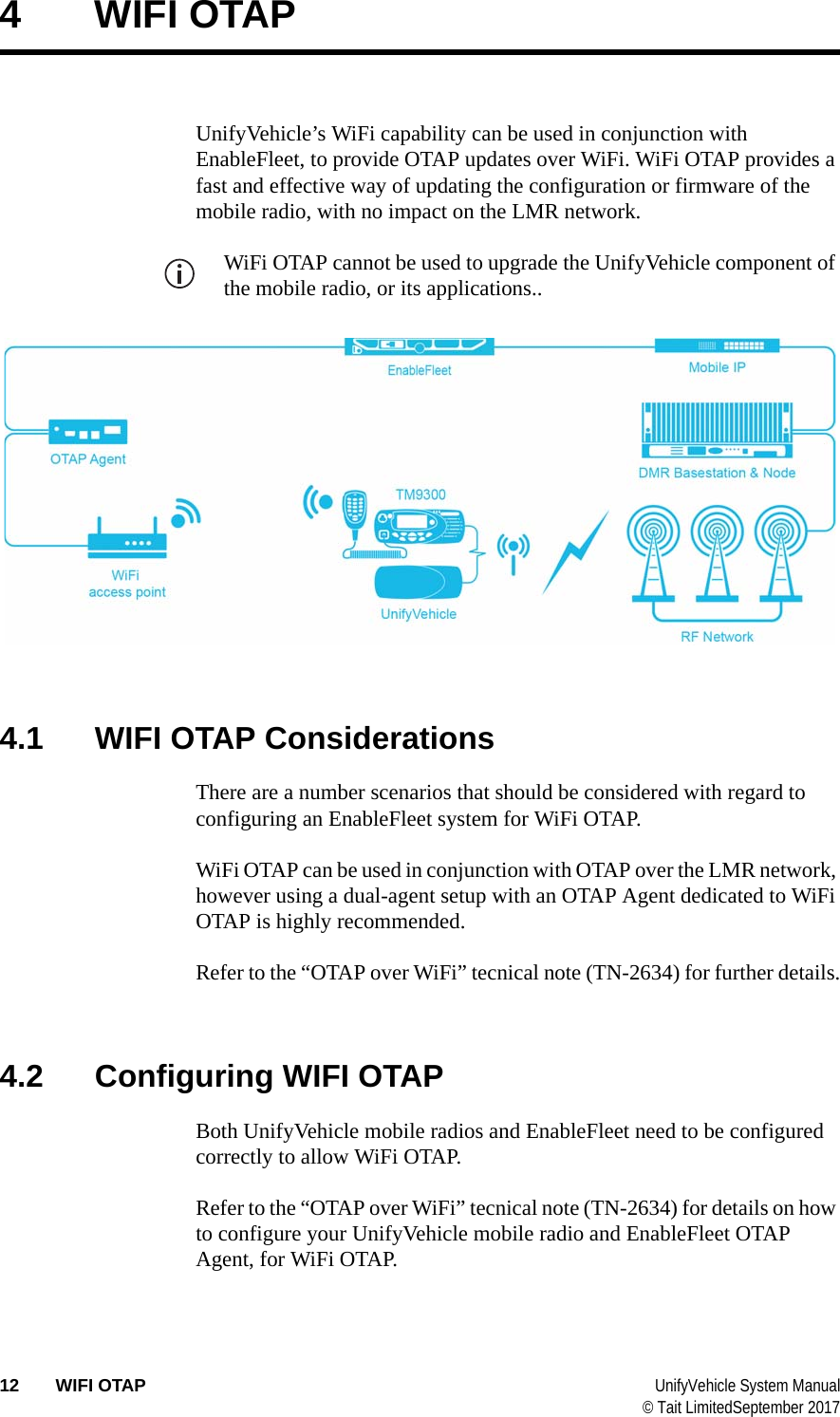  12 WIFI OTAP UnifyVehicle System Manual© Tait LimitedSeptember 20174 WIFI OTAPUnifyVehicle’s WiFi capability can be used in conjunction with EnableFleet, to provide OTAP updates over WiFi. WiFi OTAP provides a fast and effective way of updating the configuration or firmware of the mobile radio, with no impact on the LMR network.WiFi OTAP cannot be used to upgrade the UnifyVehicle component of the mobile radio, or its applications..4.1 WIFI OTAP ConsiderationsThere are a number scenarios that should be considered with regard to configuring an EnableFleet system for WiFi OTAP.WiFi OTAP can be used in conjunction with OTAP over the LMR network, however using a dual-agent setup with an OTAP Agent dedicated to WiFi OTAP is highly recommended.Refer to the “OTAP over WiFi” tecnical note (TN-2634) for further details.4.2 Configuring WIFI OTAPBoth UnifyVehicle mobile radios and EnableFleet need to be configured correctly to allow WiFi OTAP.Refer to the “OTAP over WiFi” tecnical note (TN-2634) for details on how to configure your UnifyVehicle mobile radio and EnableFleet OTAP Agent, for WiFi OTAP.