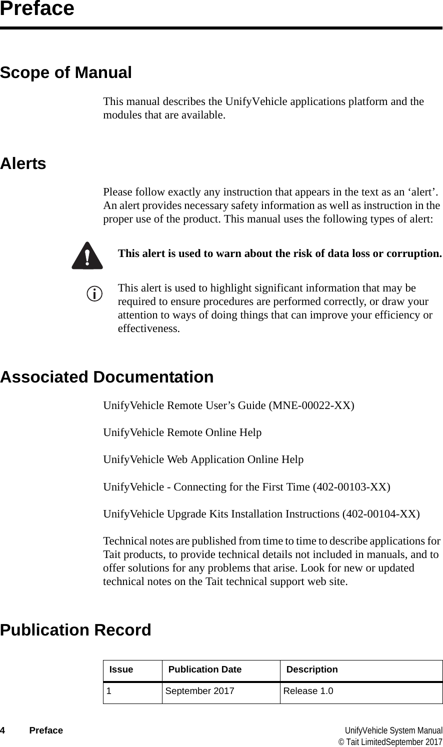  4 Preface UnifyVehicle System Manual© Tait LimitedSeptember 2017PrefaceScope of ManualThis manual describes the UnifyVehicle applications platform and the modules that are available.AlertsPlease follow exactly any instruction that appears in the text as an ‘alert’. An alert provides necessary safety information as well as instruction in the proper use of the product. This manual uses the following types of alert:This alert is used to warn about the risk of data loss or corruption.This alert is used to highlight significant information that may be required to ensure procedures are performed correctly, or draw your attention to ways of doing things that can improve your efficiency or effectiveness.Associated DocumentationUnifyVehicle Remote User’s Guide (MNE-00022-XX)UnifyVehicle Remote Online HelpUnifyVehicle Web Application Online HelpUnifyVehicle - Connecting for the First Time (402-00103-XX)UnifyVehicle Upgrade Kits Installation Instructions (402-00104-XX)Technical notes are published from time to time to describe applications for Tait products, to provide technical details not included in manuals, and to offer solutions for any problems that arise. Look for new or updated technical notes on the Tait technical support web site.Publication RecordIssue Publication Date Description1 September 2017 Release 1.0