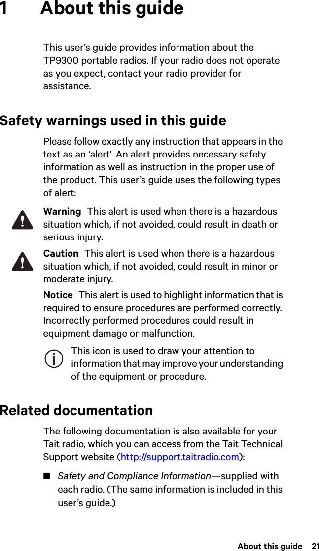  About this guide  211 About this guideThis user’s guide provides information about the TP9300 portable radios. If your radio does not operate as you expect, contact your radio provider for assistance.Safety warnings used in this guidePlease follow exactly any instruction that appears in the text as an ‘alert’. An alert provides necessary safety information as well as instruction in the proper use of the product. This user’s guide uses the following types of alert:Warning  This alert is used when there is a hazardous situation which, if not avoided, could result in death or serious injury.Caution  This alert is used when there is a hazardous situation which, if not avoided, could result in minor or moderate injury.Notice  This alert is used to highlight information that is required to ensure procedures are performed correctly. Incorrectly performed procedures could result in equipment damage or malfunction.This icon is used to draw your attention to information that may improve your understanding of the equipment or procedure.Related documentationThe following documentation is also available for your Tait radio, which you can access from the Tait Technical Support website (http://support.taitradio.com):■Safety and Compliance Information—supplied with each radio. (The same information is included in this user’s guide.)