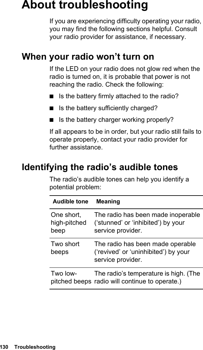 130  Troubleshooting About troubleshootingIf you are experiencing difficulty operating your radio, you may find the following sections helpful. Consult your radio provider for assistance, if necessary.When your radio won’t turn onIf the LED on your radio does not glow red when the radio is turned on, it is probable that power is not reaching the radio. Check the following:■Is the battery firmly attached to the radio?■Is the battery sufficiently charged?■Is the battery charger working properly?If all appears to be in order, but your radio still fails to operate properly, contact your radio provider for further assistance.Identifying the radio’s audible tonesThe radio’s audible tones can help you identify a potential problem: Audible tone MeaningOne short, high-pitched beepThe radio has been made inoperable (‘stunned’ or ‘inhibited’) by your service provider.Two short beepsThe radio has been made operable (‘revived’ or ‘uninhibited’) by your service provider.Two low-pitched beepsThe radio’s temperature is high. (The radio will continue to operate.)