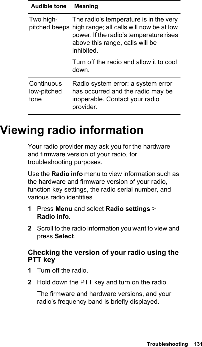 Troubleshooting  131 Viewing radio informationYour radio provider may ask you for the hardware and firmware version of your radio, for troubleshooting purposes.Use the Radio info menu to view information such as the hardware and firmware version of your radio, function key settings, the radio serial number, and various radio identities. 1Press Menu and select Radio settings &gt; Radio info.2Scroll to the radio information you want to view and press Select.Checking the version of your radio using the PTT key1Turn off the radio.2Hold down the PTT key and turn on the radio.The firmware and hardware versions, and your radio’s frequency band is briefly displayed.Two high-pitched beepsThe radio’s temperature is in the very high range; all calls will now be at low power. If the radio’s temperature rises above this range, calls will be inhibited. Turn off the radio and allow it to cool down.Continuous low-pitched toneRadio system error: a system error has occurred and the radio may be inoperable. Contact your radio provider.Audible tone Meaning