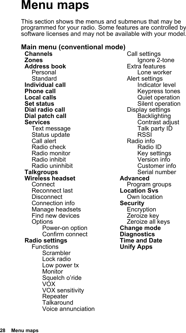 28  Menu mapsMenu mapsThis section shows the menus and submenus that may be programmed for your radio. Some features are controlled by software licenses and may not be available with your model.Main menu (conventional mode)ChannelsZonesAddress bookPersonalStandardIndividual callPhone callLocal callsSet statusDial radio callDial patch callServicesText messageStatus updateCall alertRadio checkRadio monitorRadio inhibitRadio uninhibitTalkgroupsWireless headsetConnectReconnect lastDisconnectConnection infoManage headsetsFind new devicesOptionsPower-on optionConfirm connectRadio settingsFunctionsScramblerLock radioLow power txMonitorSquelch o’rideVOXVOX sensitivityRepeaterTalkaroundVoice annunciationCall settingsIgnore 2-toneExtra featuresLone workerAlert settingsIndicator levelKeypress tonesQuiet operationSilent operationDisplay settingsBacklightingContrast adjustTalk party IDRSSIRadio infoRadio IDKey settingsVersion infoCustomer infoSerial numberAdvancedProgram groupsLocation SvsOwn locationSecurityEncryptionZeroize keyZeroize all keysChange modeDiagnosticsTime and DateUnify Apps