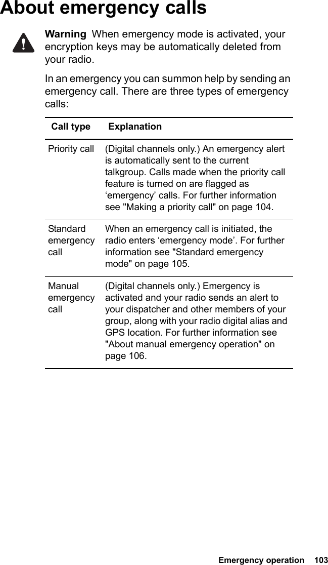  Emergency operation  103About emergency callsWarning  When emergency mode is activated, your encryption keys may be automatically deleted from your radio.In an emergency you can summon help by sending an emergency call. There are three types of emergency calls:Call type ExplanationPriority call (Digital channels only.) An emergency alert is automatically sent to the current talkgroup. Calls made when the priority call feature is turned on are flagged as ‘emergency’ calls. For further information see &quot;Making a priority call&quot; on page 104.Standard emergency callWhen an emergency call is initiated, the radio enters ‘emergency mode’. For further information see &quot;Standard emergency mode&quot; on page 105.Manual emergency call(Digital channels only.) Emergency is activated and your radio sends an alert to your dispatcher and other members of your group, along with your radio digital alias and GPS location. For further information see &quot;About manual emergency operation&quot; on page 106.