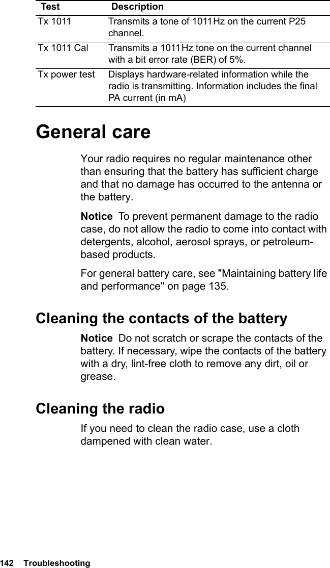 142  TroubleshootingGeneral careYour radio requires no regular maintenance other than ensuring that the battery has sufficient charge and that no damage has occurred to the antenna or the battery.Notice  To prevent permanent damage to the radio case, do not allow the radio to come into contact with detergents, alcohol, aerosol sprays, or petroleum-based products.For general battery care, see &quot;Maintaining battery life and performance&quot; on page 135.Cleaning the contacts of the batteryNotice  Do not scratch or scrape the contacts of the battery. If necessary, wipe the contacts of the battery with a dry, lint-free cloth to remove any dirt, oil or grease.Cleaning the radioIf you need to clean the radio case, use a cloth dampened with clean water. Tx 1011 Transmits a tone of 1011 Hz on the current P25 channel.Tx 1011 Cal Transmits a 1011 Hz tone on the current channel with a bit error rate (BER) of 5%.Tx power test Displays hardware-related information while the radio is transmitting. Information includes the final PA current (in mA)Test Description