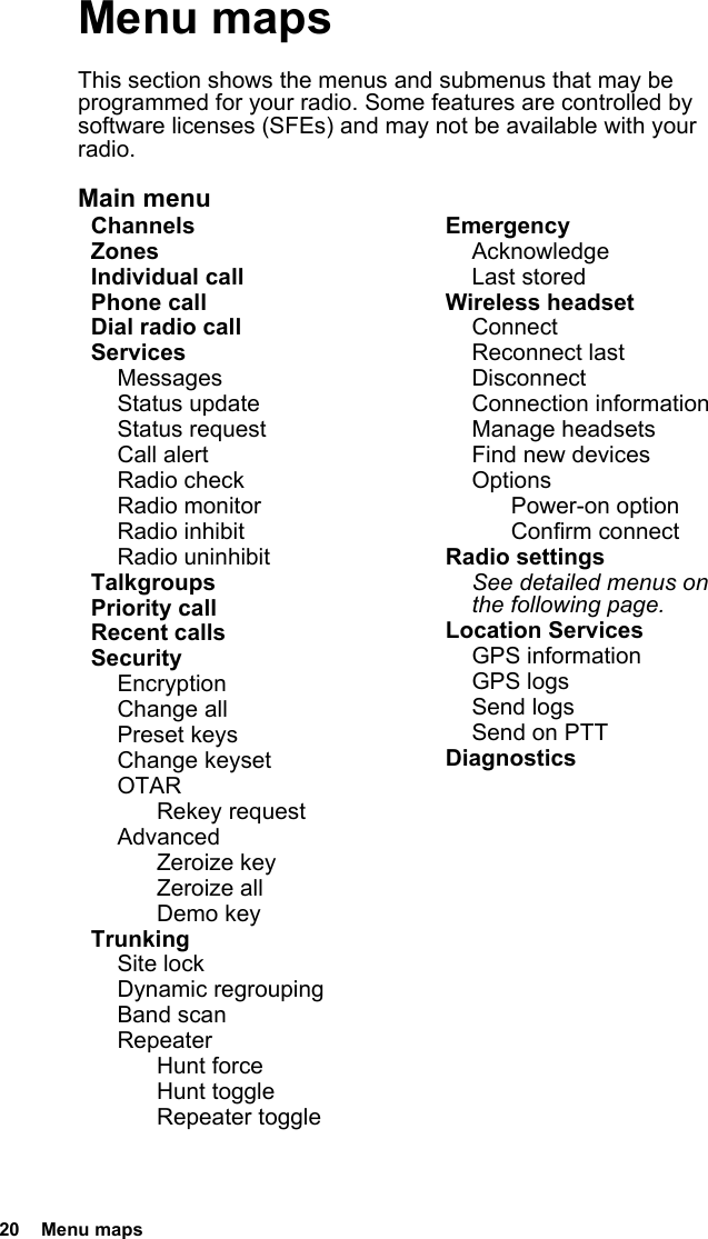 20  Menu mapsMenu mapsThis section shows the menus and submenus that may be programmed for your radio. Some features are controlled by software licenses (SFEs) and may not be available with your radio.Main menuChannelsZonesIndividual callPhone callDial radio callServicesMessagesStatus updateStatus requestCall alertRadio checkRadio monitorRadio inhibitRadio uninhibitTalkgroupsPriority callRecent callsSecurityEncryptionChange allPreset keysChange keysetOTARRekey requestAdvancedZeroize keyZeroize allDemo keyTrunkingSite lockDynamic regroupingBand scanRepeaterHunt forceHunt toggleRepeater toggleEmergencyAcknowledgeLast storedWireless headsetConnectReconnect lastDisconnectConnection informationManage headsetsFind new devicesOptionsPower-on optionConfirm connectRadio settingsSee detailed menus on the following page.Location ServicesGPS informationGPS logsSend logsSend on PTTDiagnostics