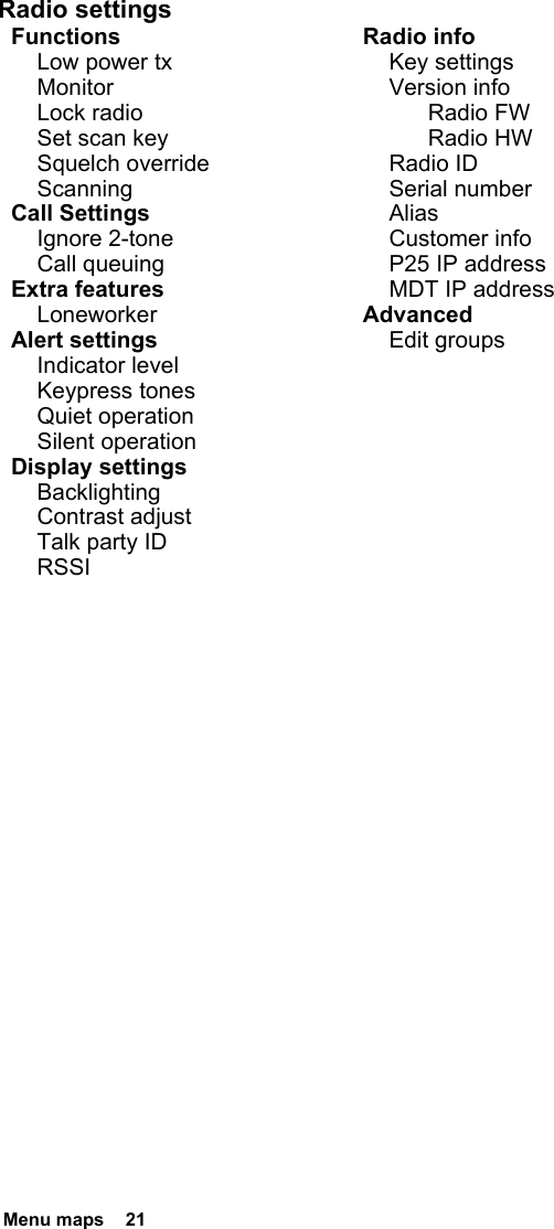  Menu maps  21    Radio settingsFunctionsLow power txMonitorLock radioSet scan keySquelch overrideScanningCall SettingsIgnore 2-toneCall queuingExtra featuresLoneworkerAlert settingsIndicator levelKeypress tonesQuiet operationSilent operationDisplay settingsBacklightingContrast adjustTalk party IDRSSIRadio infoKey settingsVersion infoRadio FWRadio HWRadio IDSerial numberAliasCustomer infoP25 IP addressMDT IP addressAdvancedEdit groups