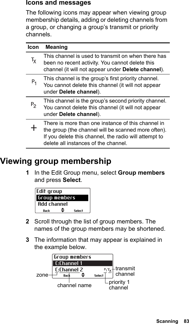  Scanning  83Icons and messagesThe following icons may appear when viewing group membership details, adding or deleting channels from a group, or changing a group’s transmit or priority channels.Viewing group membership1In the Edit Group menu, select Group members and press Select.2Scroll through the list of group members. The names of the group members may be shortened.3The information that may appear is explained in the example below.Icon MeaningThis channel is used to transmit on when there has been no recent activity. You cannot delete this channel (it will not appear under Delete channel).This channel is the group’s first priority channel. You cannot delete this channel (it will not appear under Delete channel).This channel is the group’s second priority channel. You cannot delete this channel (it will not appear under Delete channel).There is more than one instance of this channel in the group (the channel will be scanned more often). If you delete this channel, the radio will attempt to delete all instances of the channel.Edit group Group members Add channelSelectBackGroup members C:Channel 1  C:Channel 2 transmit channelpriority 1 channelchannel namezone SelectBack