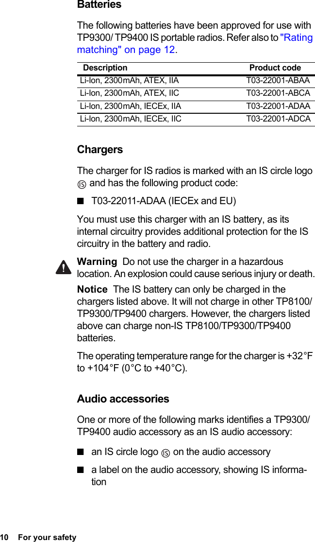10  For your safetyBatteriesThe following batteries have been approved for use with TP9300/ TP9400 IS portable radios. Refer also to &quot;Rating matching&quot; on page 12.ChargersThe charger for IS radios is marked with an IS circle logo  and has the following product code:■T03-22011-ADAA (IECEx and EU)You must use this charger with an IS battery, as its internal circuitry provides additional protection for the IS circuitry in the battery and radio. Warning Do not use the charger in a hazardous location. An explosion could cause serious injury or death.Notice The IS battery can only be charged in the chargers listed above. It will not charge in other TP8100/TP9300/TP9400 chargers. However, the chargers listed above can charge non-IS TP8100/TP9300/TP9400 batteries.The operating temperature range for the charger is +32 °F to +104 °F (0 °C to +40 °C).Audio accessoriesOne or more of the following marks identifies a TP9300/TP9400 audio accessory as an IS audio accessory:■an IS circle logo   on the audio accessory■a label on the audio accessory, showing IS informa-tionDescription Product codeLi-Ion, 2300 mAh, ATEX, IIA T03-22001-ABAALi-Ion, 2300 mAh, ATEX, IIC T03-22001-ABCALi-Ion, 2300 mAh, IECEx, IIA T03-22001-ADAALi-Ion, 2300 mAh, IECEx, IIC T03-22001-ADCA