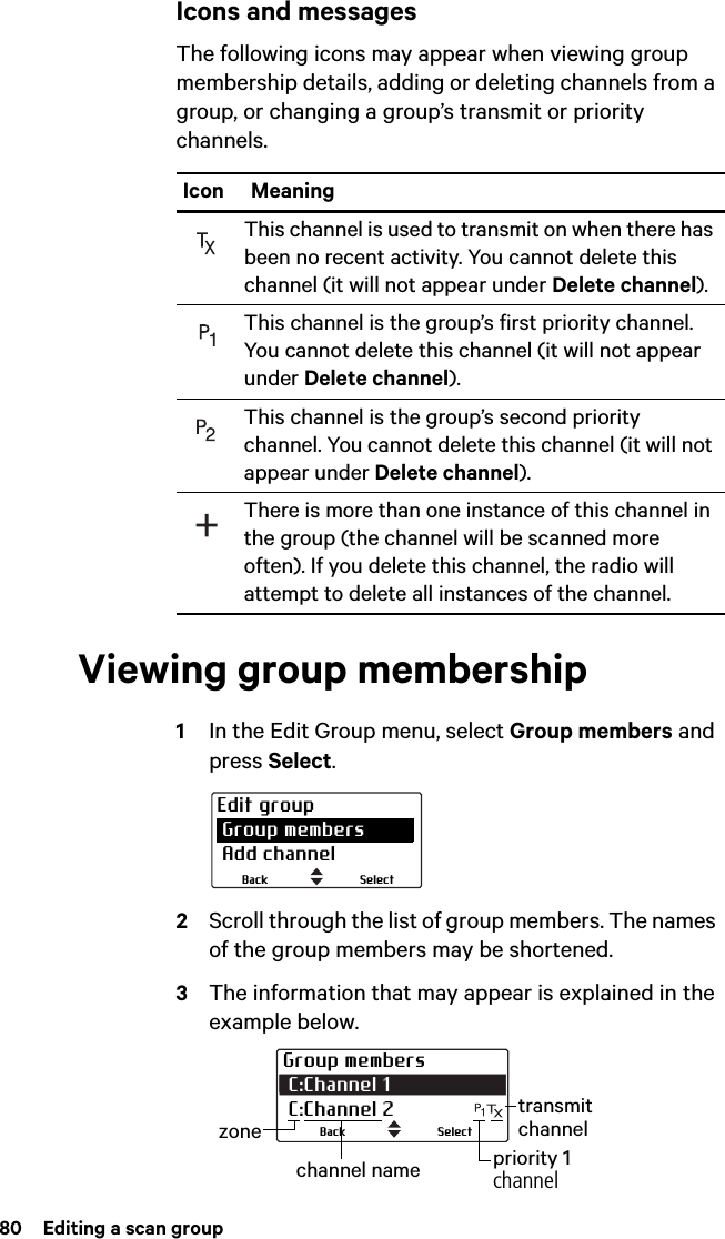 80  Editing a scan groupIcons and messagesThe following icons may appear when viewing group membership details, adding or deleting channels from a group, or changing a group’s transmit or priority channels.Viewing group membership1In the Edit Group menu, select Group members and press Select.2Scroll through the list of group members. The names of the group members may be shortened.3The information that may appear is explained in the example below.Icon MeaningThis channel is used to transmit on when there has been no recent activity. You cannot delete this channel (it will not appear under Delete channel).This channel is the group’s first priority channel. You cannot delete this channel (it will not appear under Delete channel).This channel is the group’s second priority channel. You cannot delete this channel (it will not appear under Delete channel).There is more than one instance of this channel in the group (the channel will be scanned more often). If you delete this channel, the radio will attempt to delete all instances of the channel.Edit group Group members Add channelSelectBackGroup members C:Channel 1  C:Channel 2 transmit channelpriority 1channelchannel namezone SelectBack