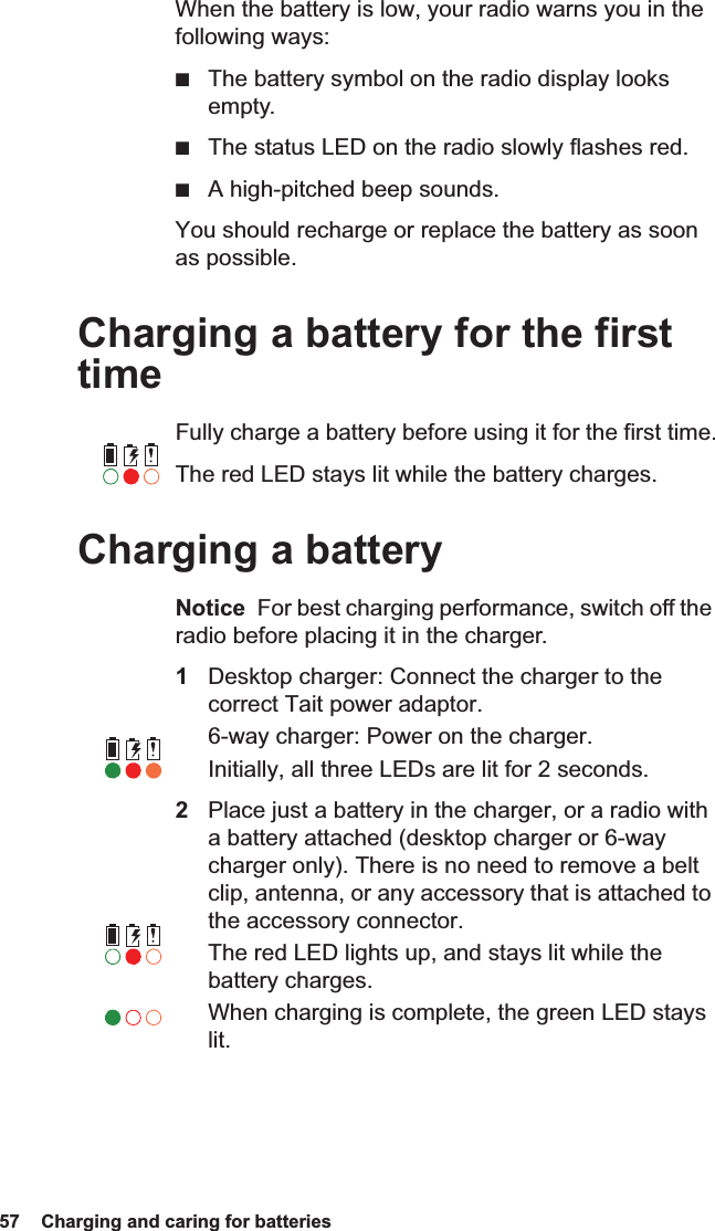 57  Charging and caring for batteries When the battery is low, your radio warns you in the following ways:■The battery symbol on the radio display looks empty.■The status LED on the radio slowly flashes red.■A high-pitched beep sounds.You should recharge or replace the battery as soon as possible.Charging a battery for the first timeFully charge a battery before using it for the first time.The red LED stays lit while the battery charges.Charging a batteryNotice  For best charging performance, switch off the radio before placing it in the charger.1Desktop charger: Connect the charger to the correct Tait power adaptor.6-way charger: Power on the charger.Initially, all three LEDs are lit for 2 seconds.2Place just a battery in the charger, or a radio with a battery attached (desktop charger or 6-way charger only). There is no need to remove a belt clip, antenna, or any accessory that is attached to the accessory connector.The red LED lights up, and stays lit while the battery charges.When charging is complete, the green LED stays lit.