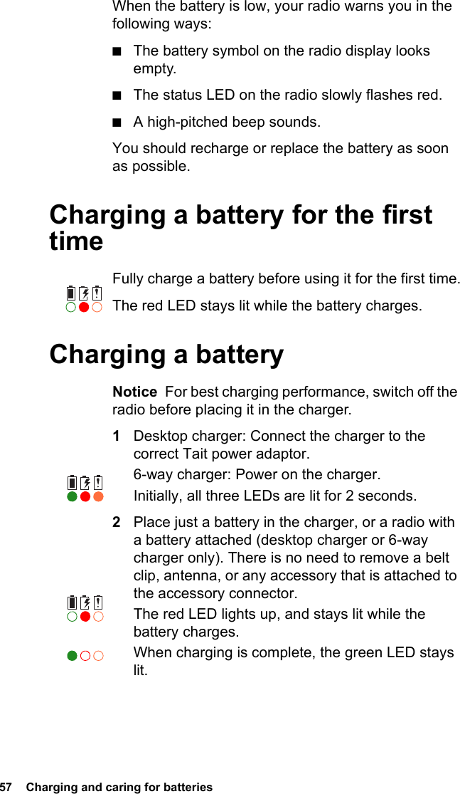 57  Charging and caring for batteries When the battery is low, your radio warns you in the following ways:■The battery symbol on the radio display looks empty.■The status LED on the radio slowly flashes red.■A high-pitched beep sounds.You should recharge or replace the battery as soon as possible.Charging a battery for the first timeFully charge a battery before using it for the first time.The red LED stays lit while the battery charges.Charging a batteryNotice  For best charging performance, switch off the radio before placing it in the charger.1Desktop charger: Connect the charger to the correct Tait power adaptor.6-way charger: Power on the charger.Initially, all three LEDs are lit for 2 seconds.2Place just a battery in the charger, or a radio with a battery attached (desktop charger or 6-way charger only). There is no need to remove a belt clip, antenna, or any accessory that is attached to the accessory connector.The red LED lights up, and stays lit while the battery charges.When charging is complete, the green LED stays lit.