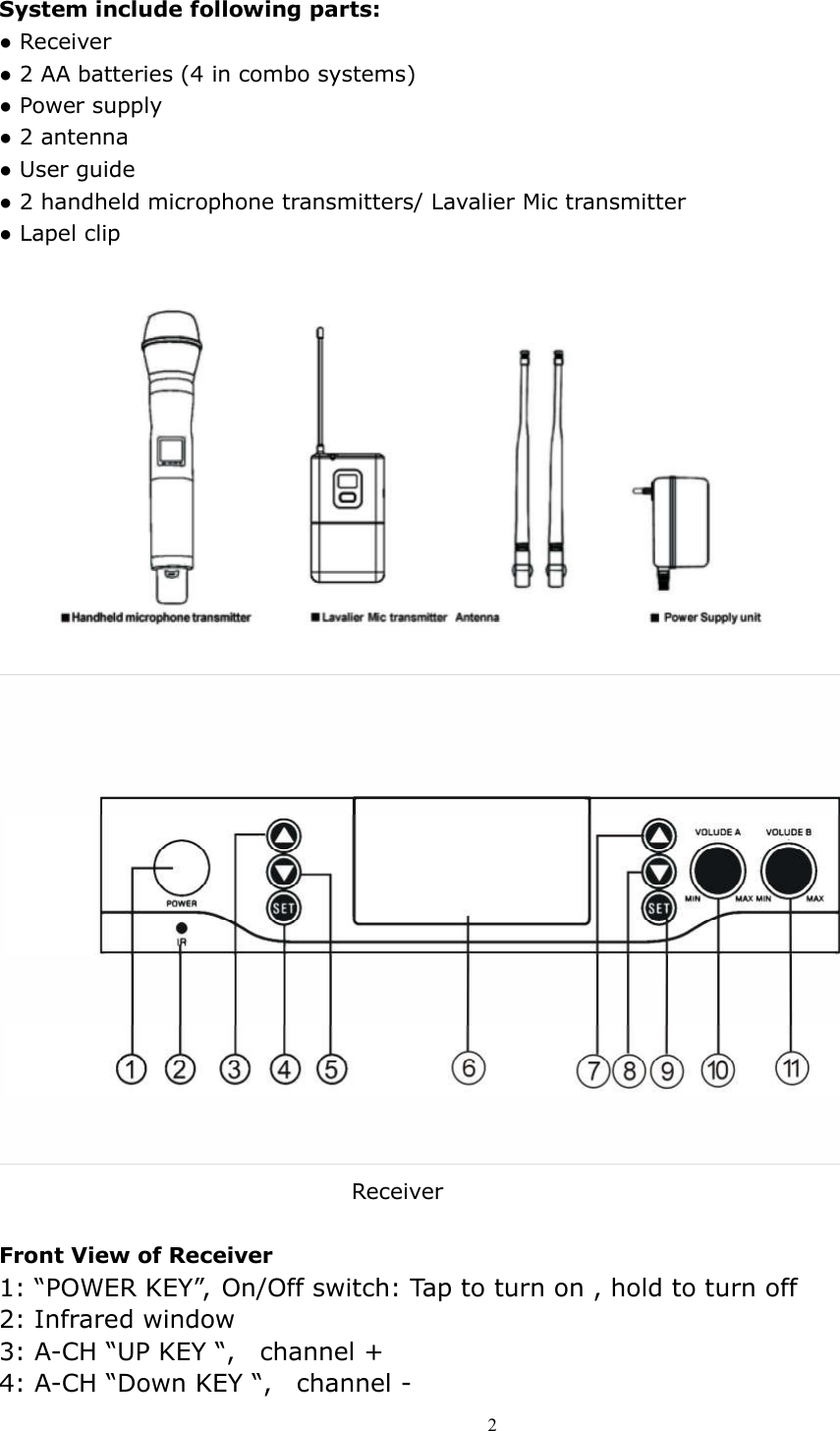   2 System include following parts: ● Receiver ● 2 AA batteries (4 in combo systems) ● Power supply ● 2 antenna   ● User guide ● 2 handheld microphone transmitters/ Lavalier Mic transmitter ● Lapel clip       Receiver                            Front View of Receiver 1: &ldquo;POWER KEY&rdquo;, On/Off switch: Tap to turn on , hold to turn off 2: Infrared window 3: A-CH &ldquo;UP KEY &ldquo;,    channel + 4: A-CH &ldquo;Down KEY &ldquo;,    channel - 
