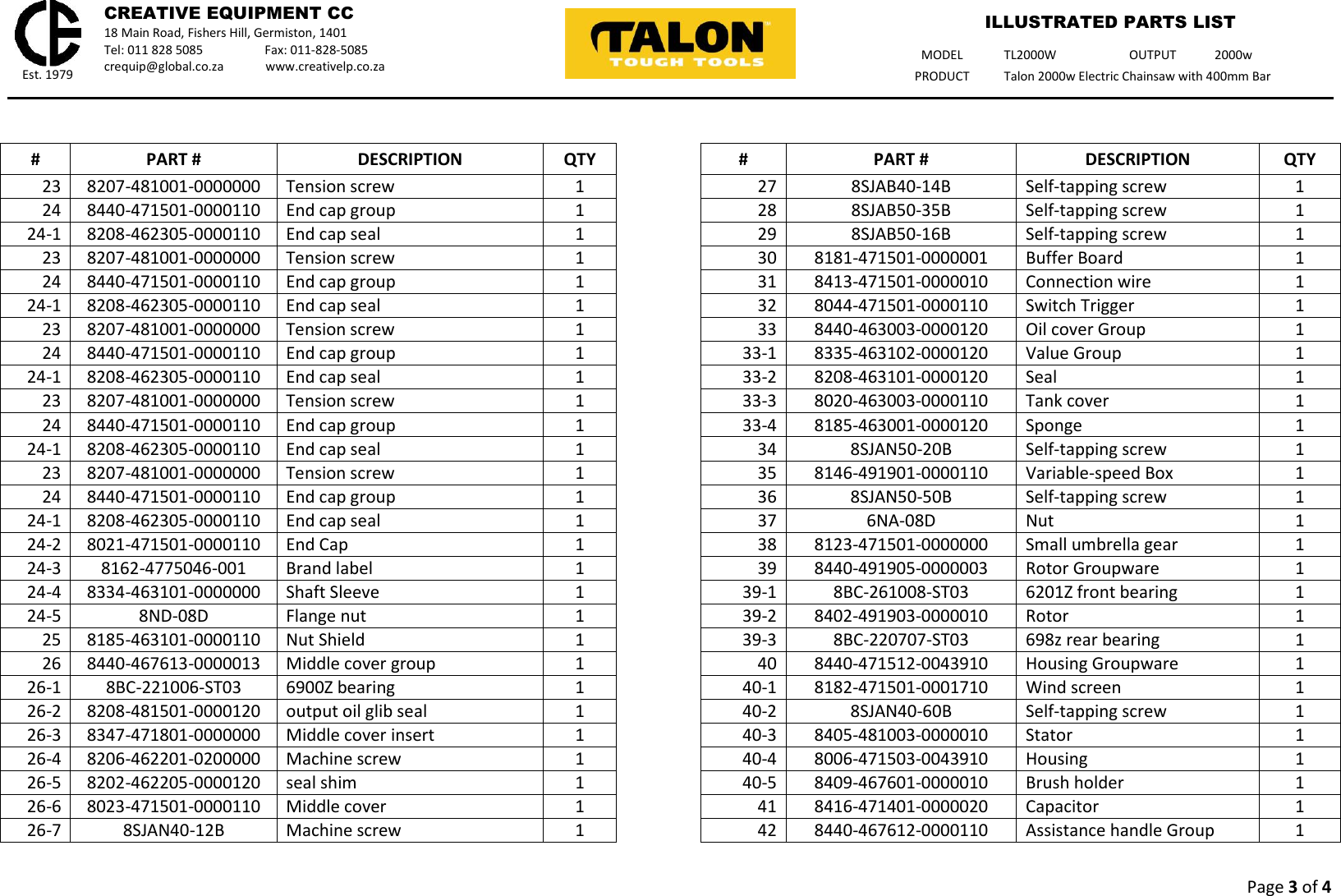 Page 3 of 4 - Talon-Tools Talon-Tools-Tl2000W-Parts-List-  Talon-tools-tl2000w-parts-list