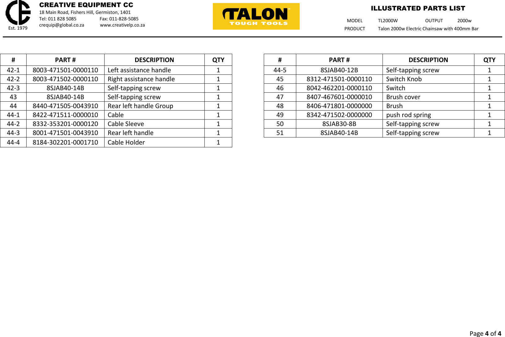 Page 4 of 4 - Talon-Tools Talon-Tools-Tl2000W-Parts-List-  Talon-tools-tl2000w-parts-list