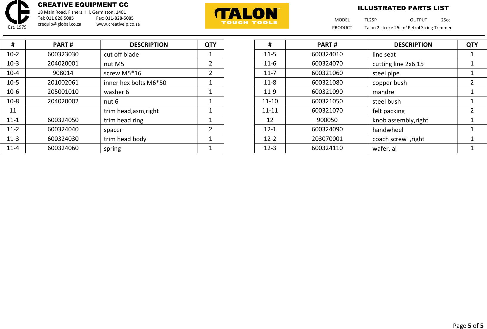 Page 5 of 5 - Talon-Tools Talon-Tools-Tl25P-Parts-List-  Talon-tools-tl25p-parts-list