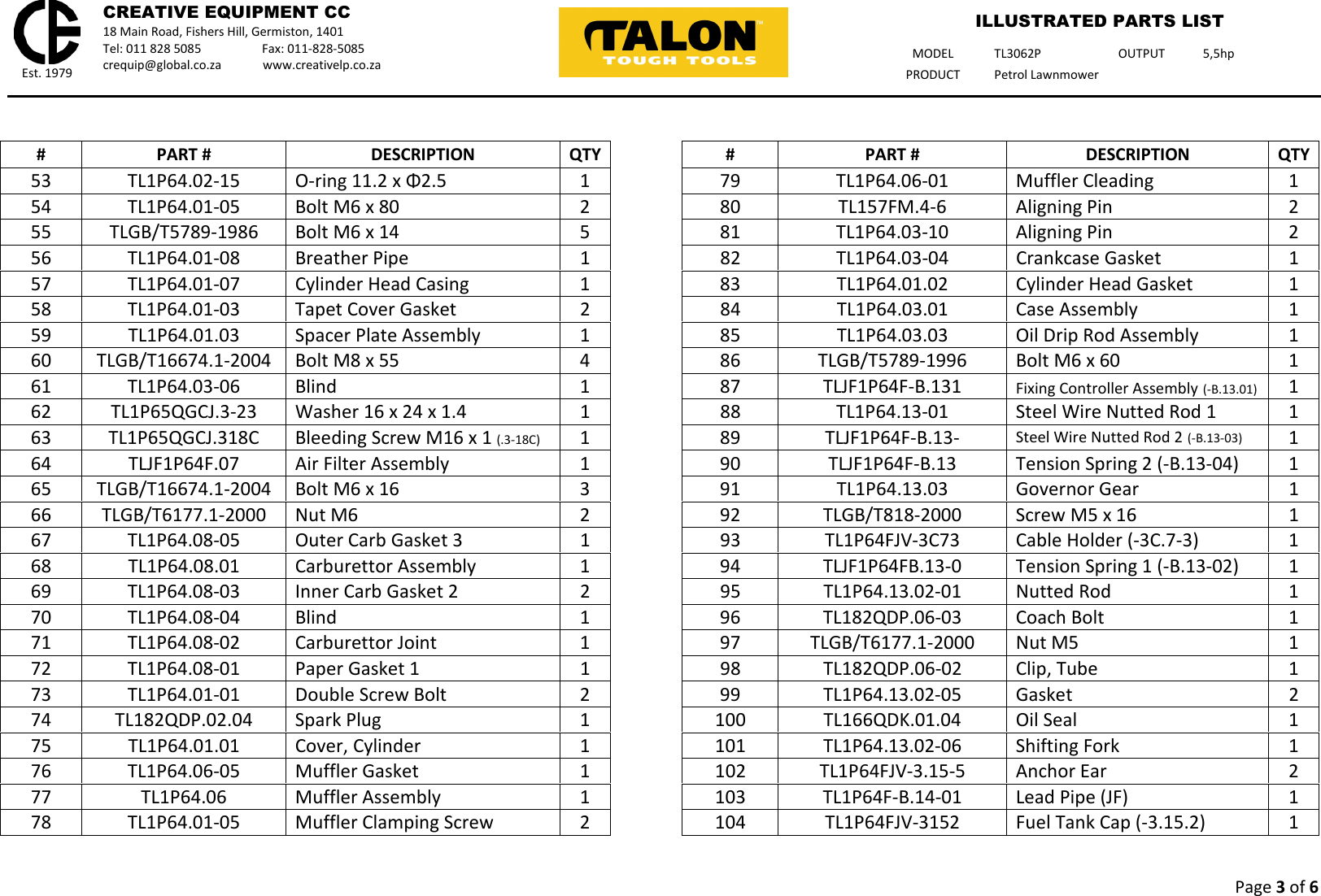 Page 3 of 6 - Talon-Tools Talon-Tools-Tl3062P-Parts-List WEB Master Illustrated Parts List - TL3062P Talon Lawnmower